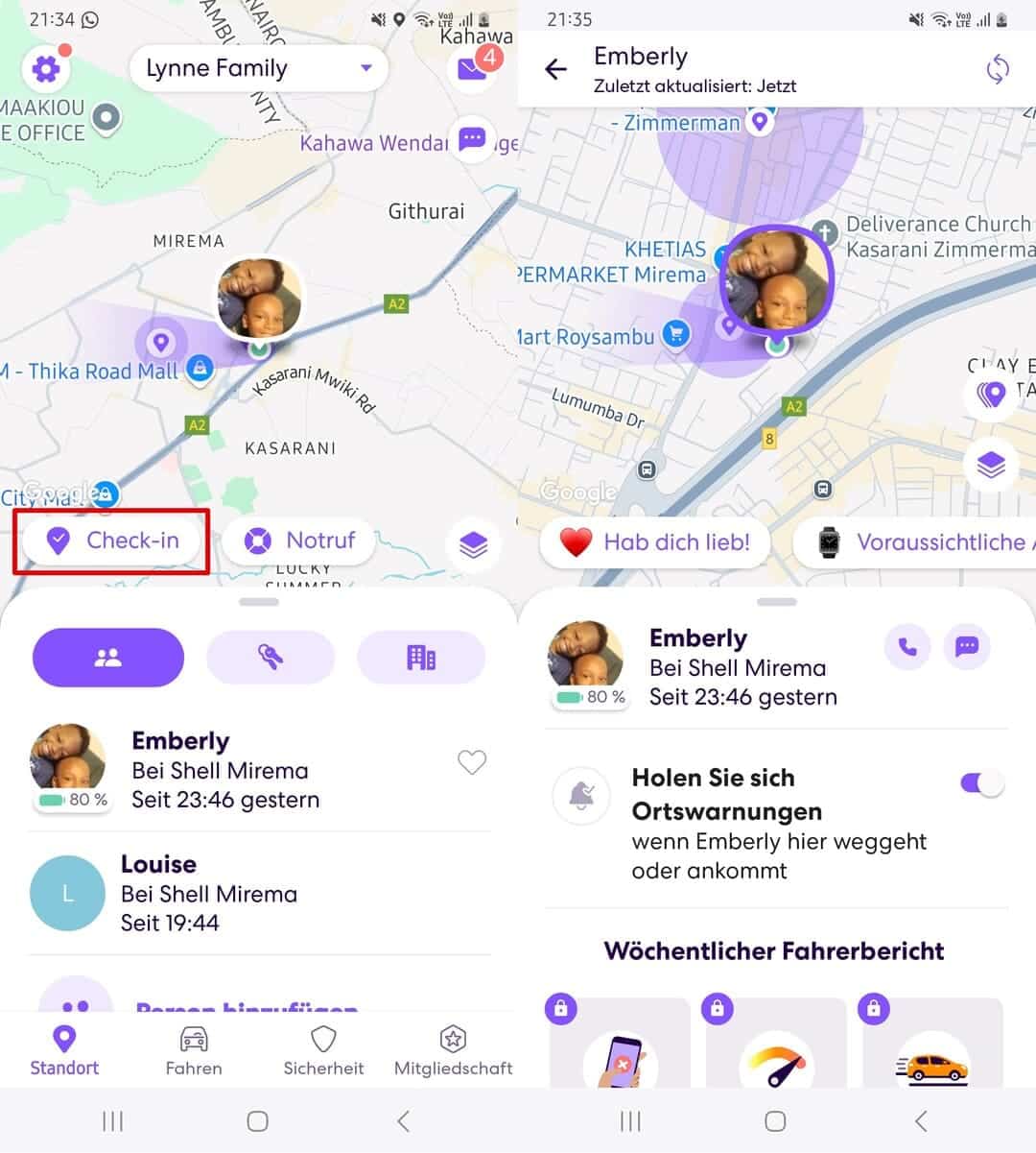 Life360 zeigt den Standort eines Kreismitglieds auf einer Karte an.