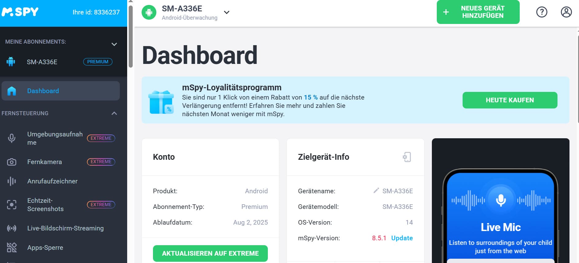 mspy Online-Dashboard mit Fernbedienungsfunktionen und überwachten Telefon-Highlights.