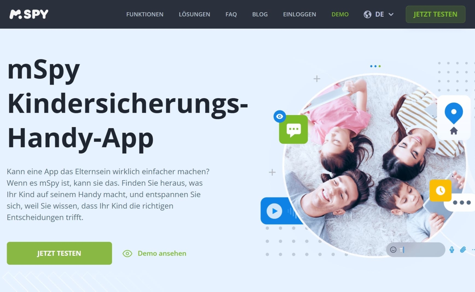 mSpy-Homepage mit einer Kindersicherungs-App.