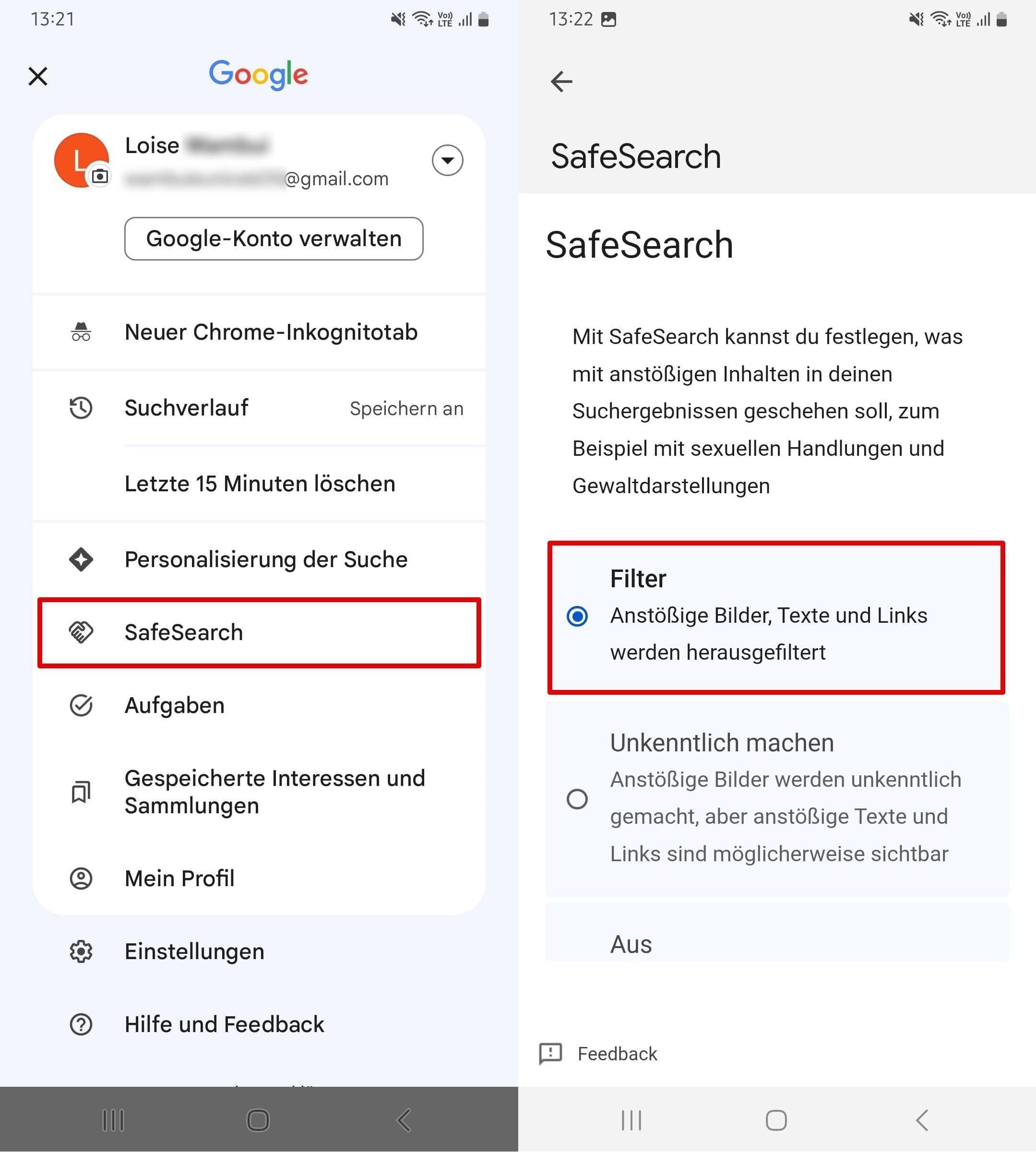 Öffnen Sie die Google App, klicken Sie auf das Profilsymbol, wählen Sie SafeSearch und klicken Sie auf Filter.