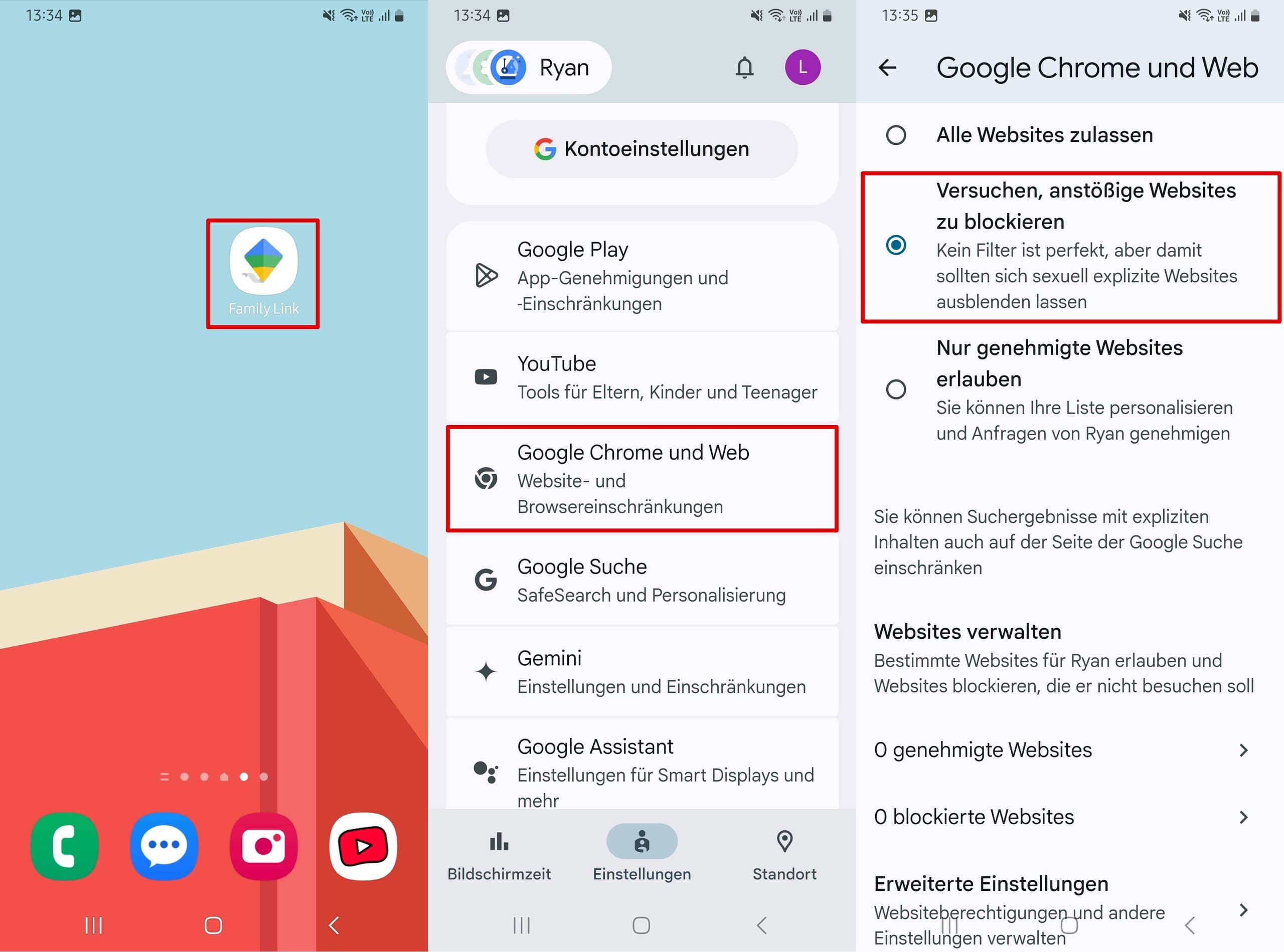 Öffnen Sie Family Link, wählen Sie Google Chrome und Web und wählen Sie die Option Versuchen, anstößige Websites zu blockieren.