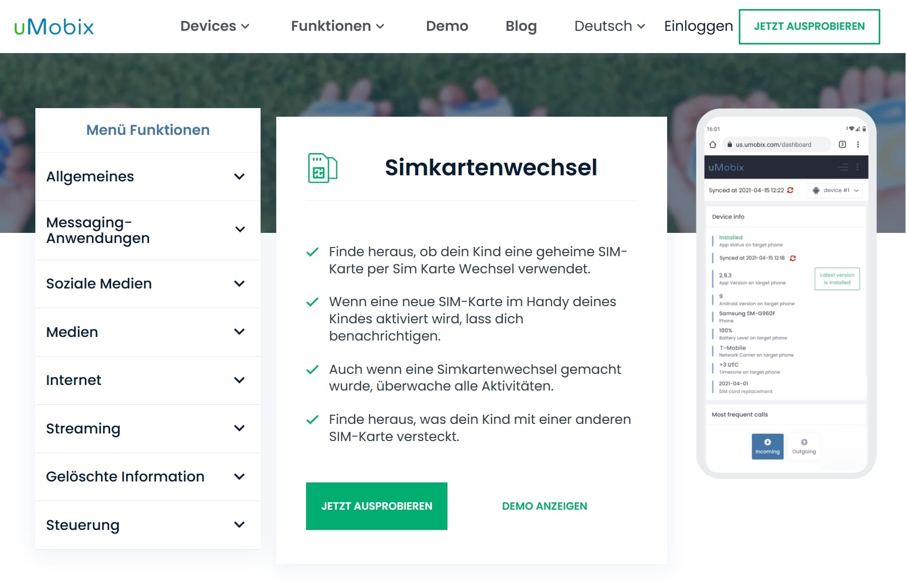 uMobix-Funktion zur Erläuterung von SIM-Kartenersatzbenachrichtigungen und Aktivitätsüberwachung auf dem Telefon eines Kindes, mit Dashboard-Vorschau auf einem mobilen Bildschirm.