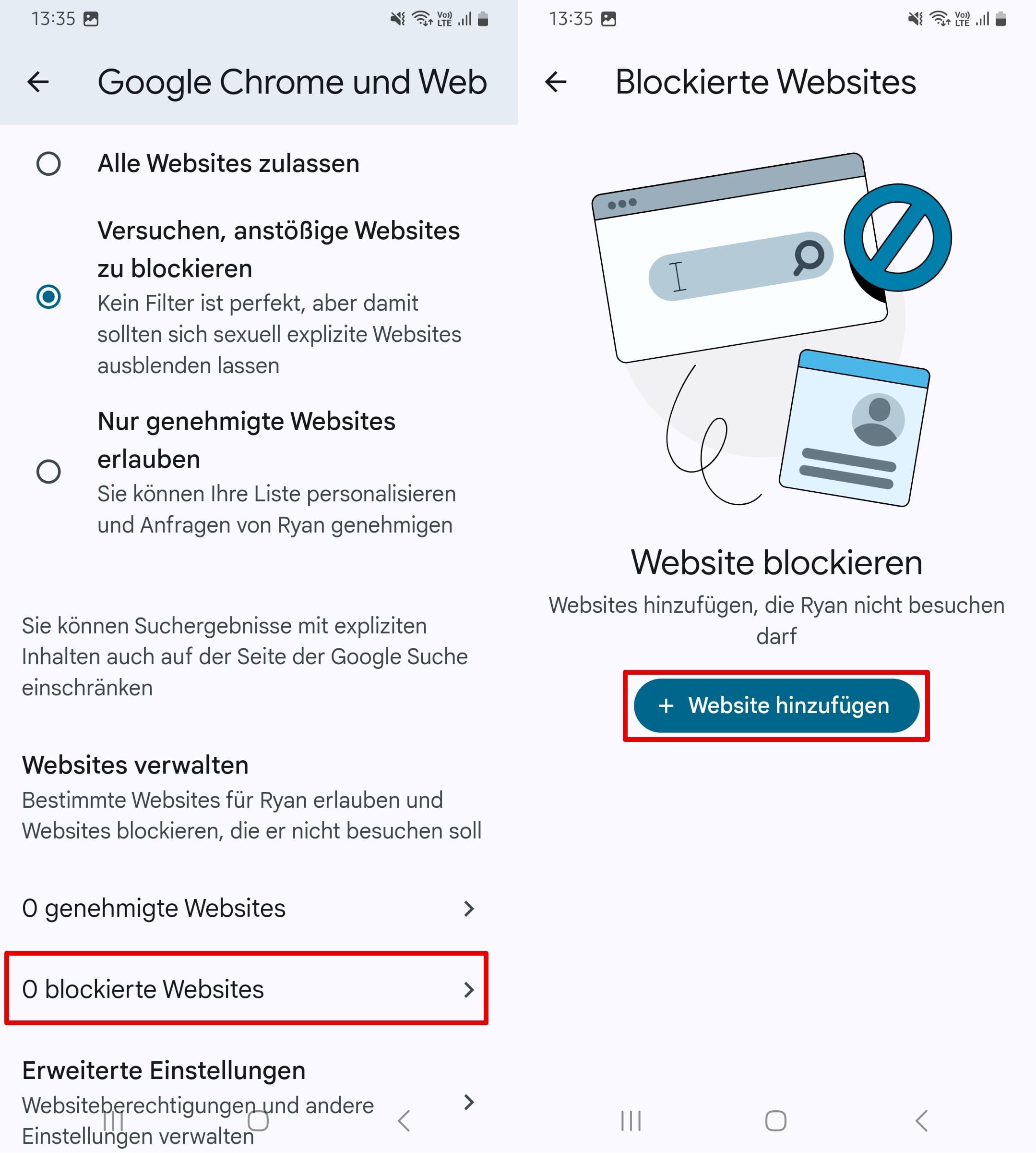 Fügen Sie der Liste der blockierten Websites eine Website hinzu, indem Sie unter Blockierte Websites auf + Website hinzufügen klicken.
