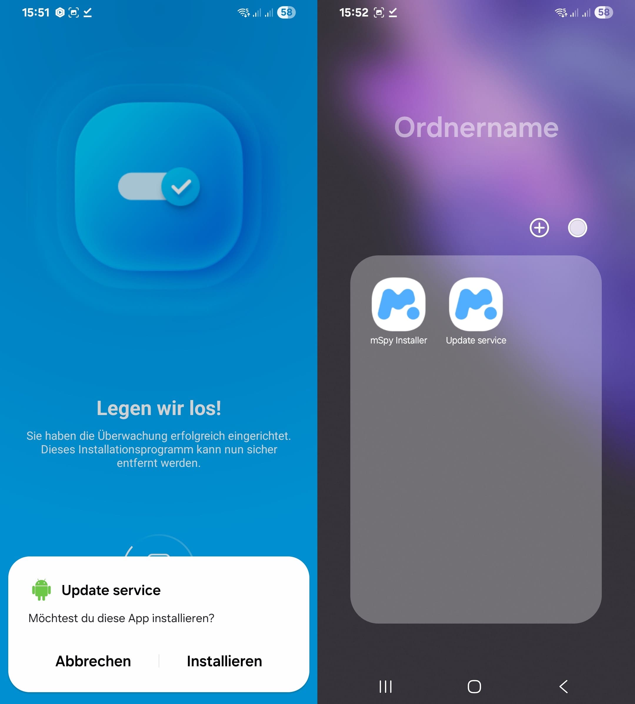 Aufforderung zur Installation und Anzeige der installierten Update-Service- und mSpy-Installer-Apps.
