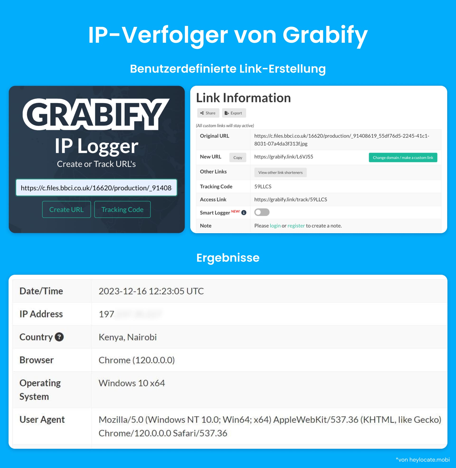 Grabify IP-Logger-Benutzeroberfläche mit benutzerdefinierter Link-Generierung und Tracking-Link-Details und Tracking-Ergebnis mit Daten, IP-Adresse, Standort, Browser-Version, Betriebssystem und User-Agent, wenn der Link angeklickt wird.