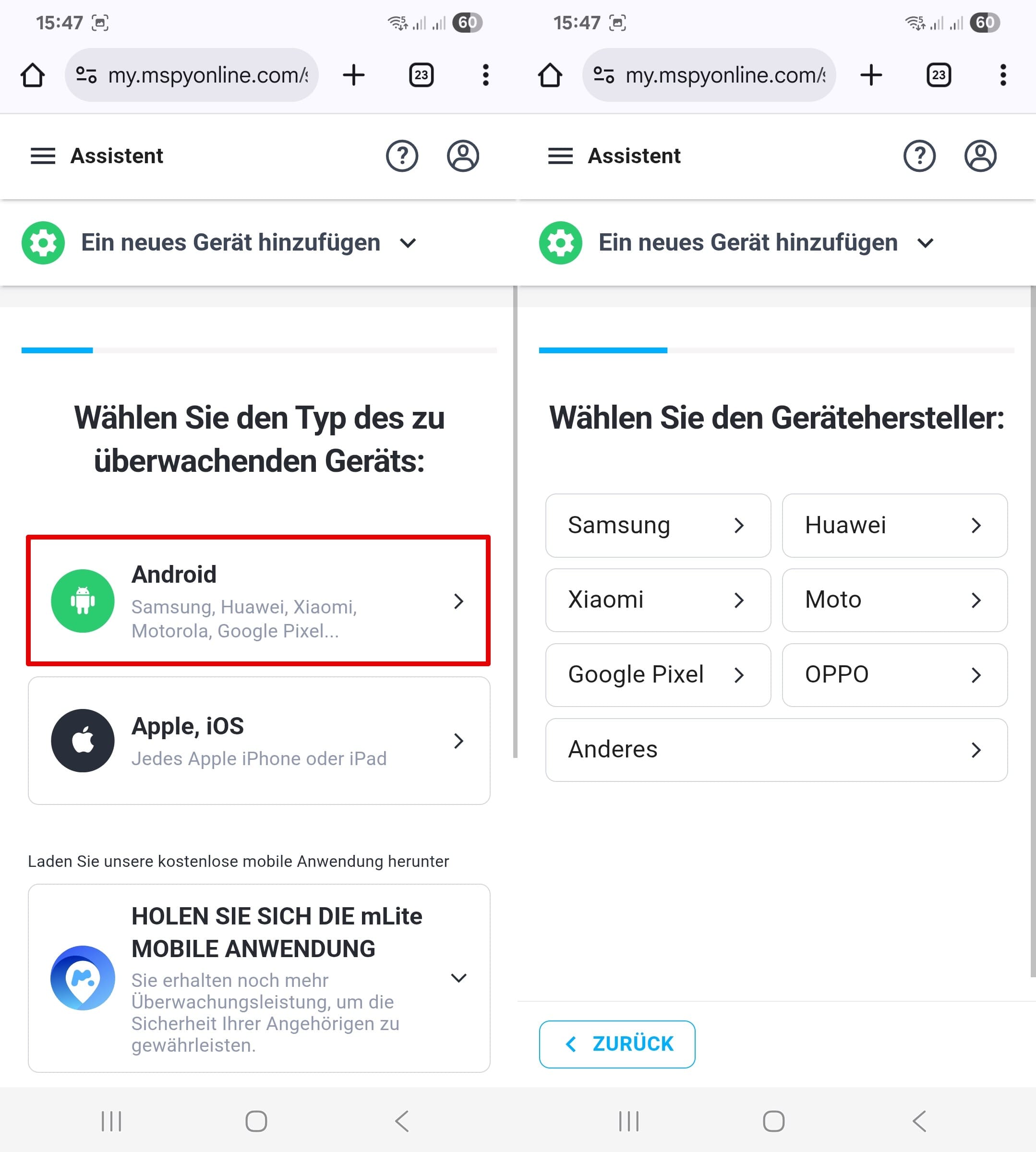 Ein neues Gerät zu mSpy hinzufügen, die Android-Option markieren und den Gerätetyp auswählen.