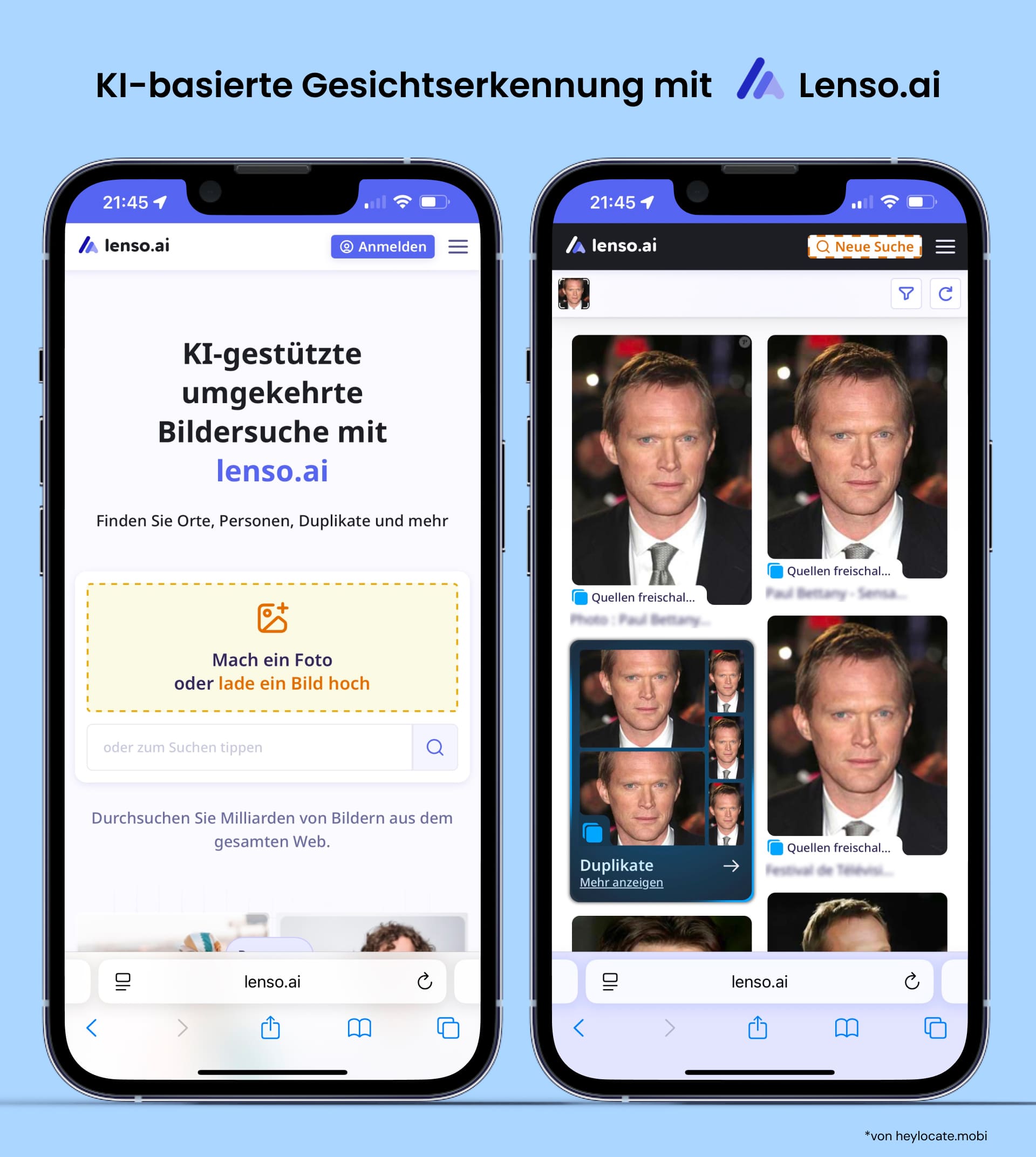 Bild-Upload und Suchergebnisse auf Lenso.ai.