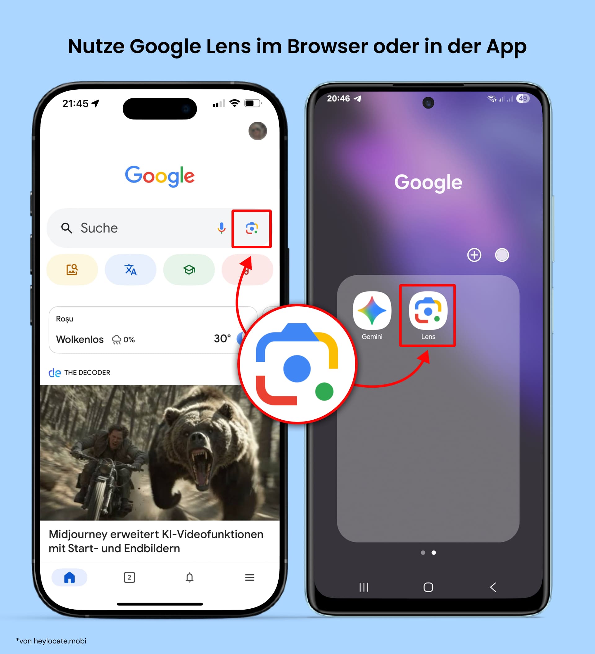 Greifen Sie auf Google Lens über die Suchleiste der Google-App in Ihrem Browser und über das Symbol der mobilen Google Lens-App zu.
