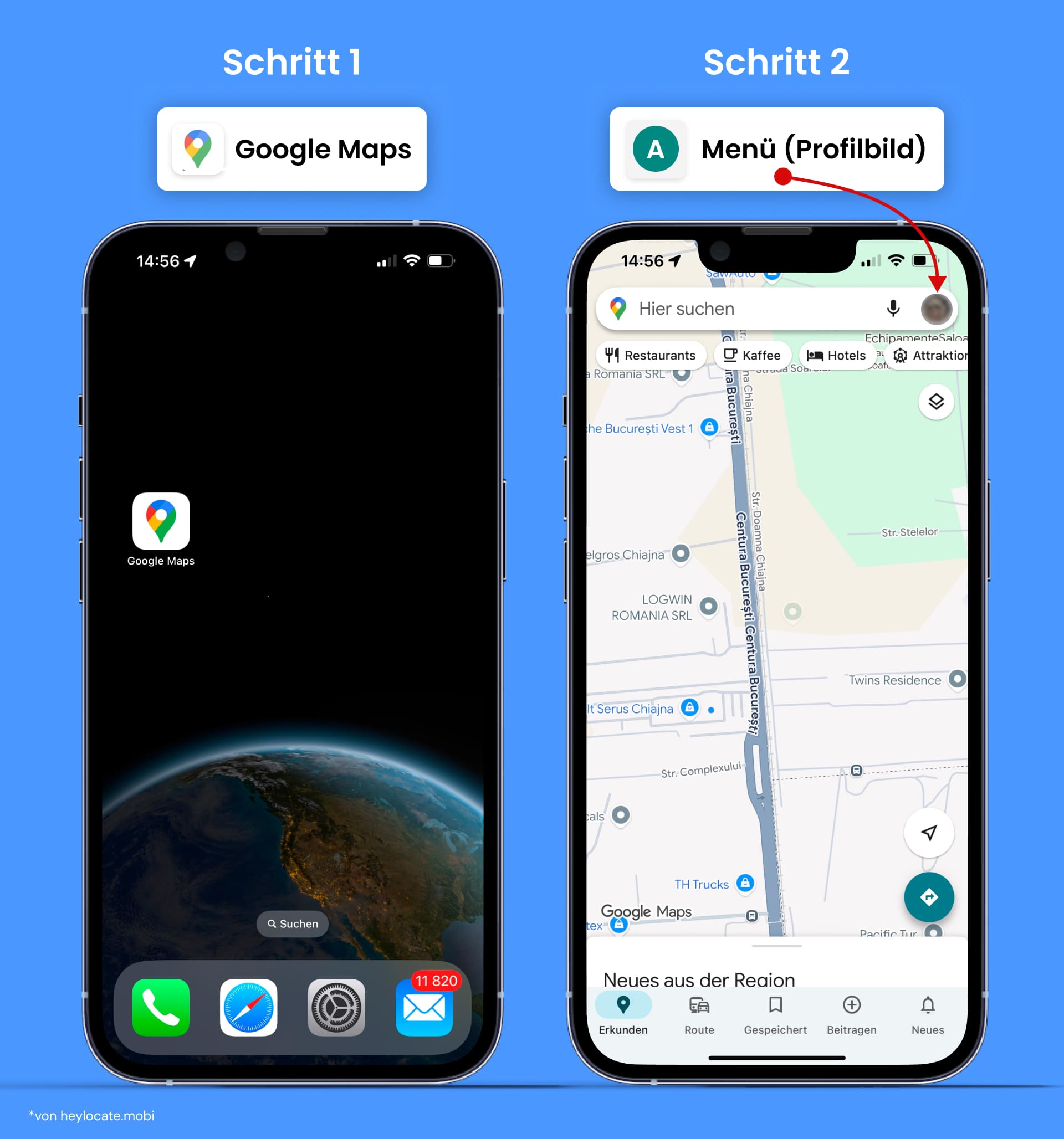 Öffnen Sie Google Maps auf einem anderen Telefon, melden Sie sich in Ihrem Konto an und tippen Sie auf das Profil-Symbol, um auf das Menü zuzugreifen.