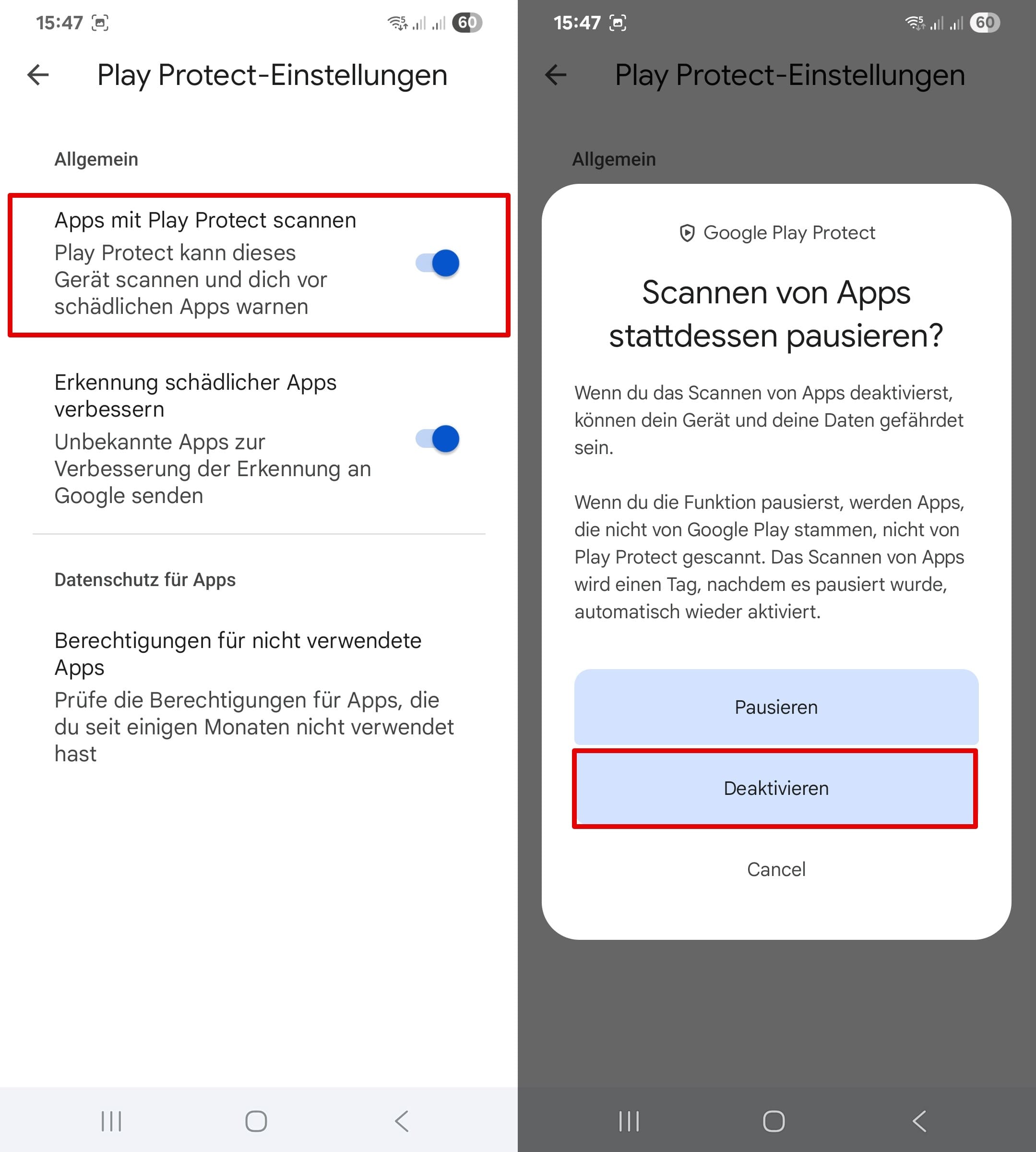 Play Protect-Einstellungen, App-Scan deaktivieren.