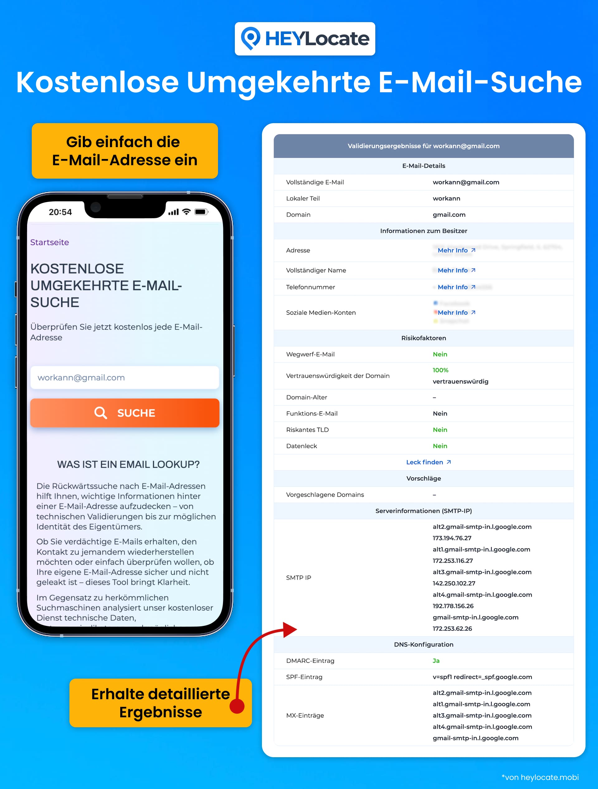 Oberfläche der HEYLocate-E-Mail-Rückwärtssuche mit Eingabefeld und Validierungsergebnissen.