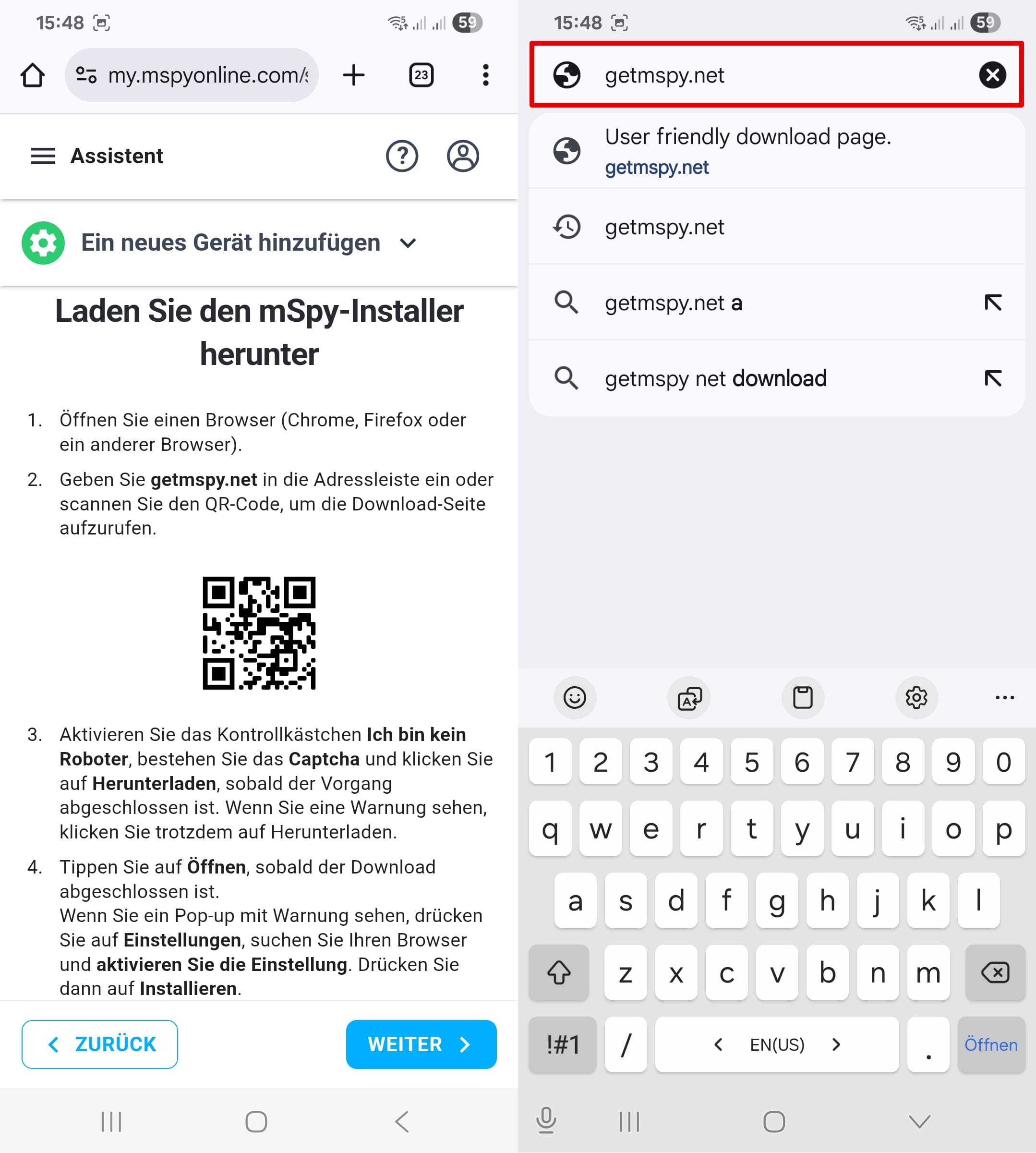 Installieren Sie mSpy, indem Sie den QR-Code scannen oder getmspy.net in die Suchleiste Ihres Webbrowsers eingeben.