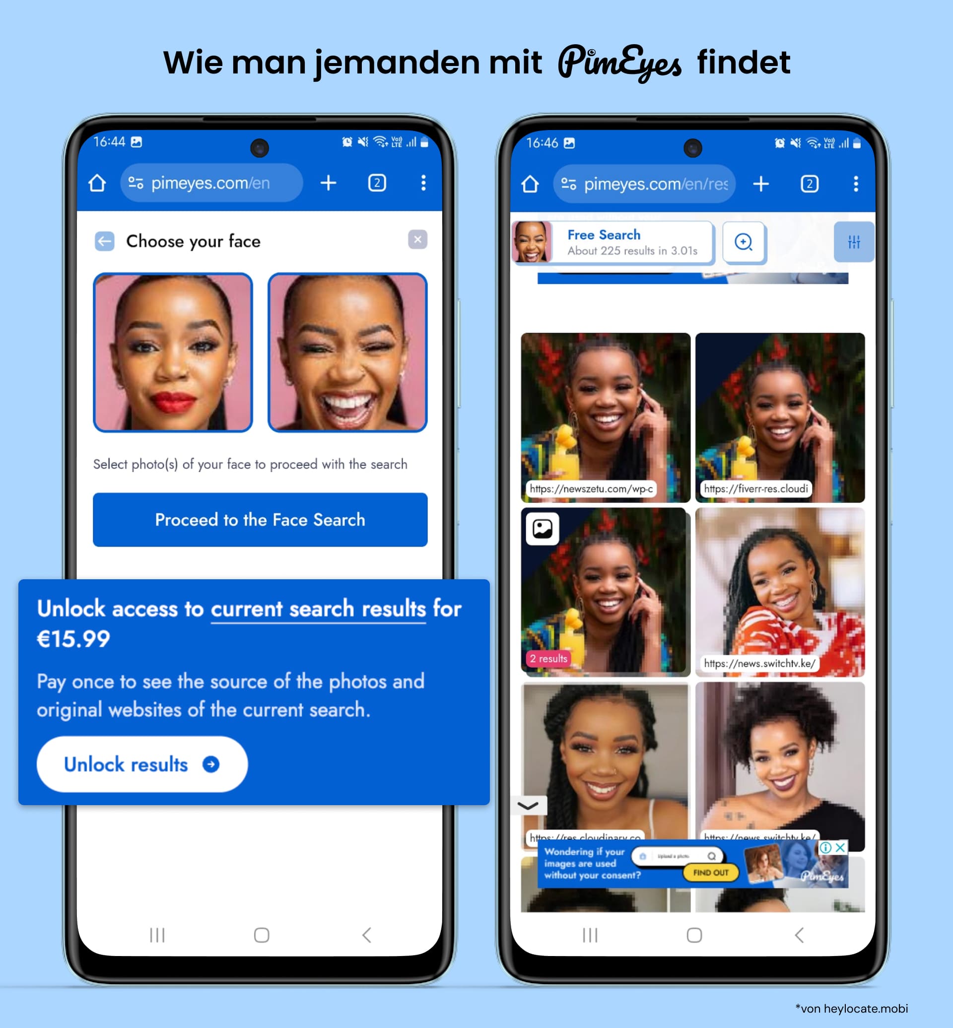 PimEyes zeigt den Foto-Upload für Gesichtserkennung und Suchergebnisse sowie eine Nachricht über ein kostenpflichtiges Abonnement zur Profilanzeige.