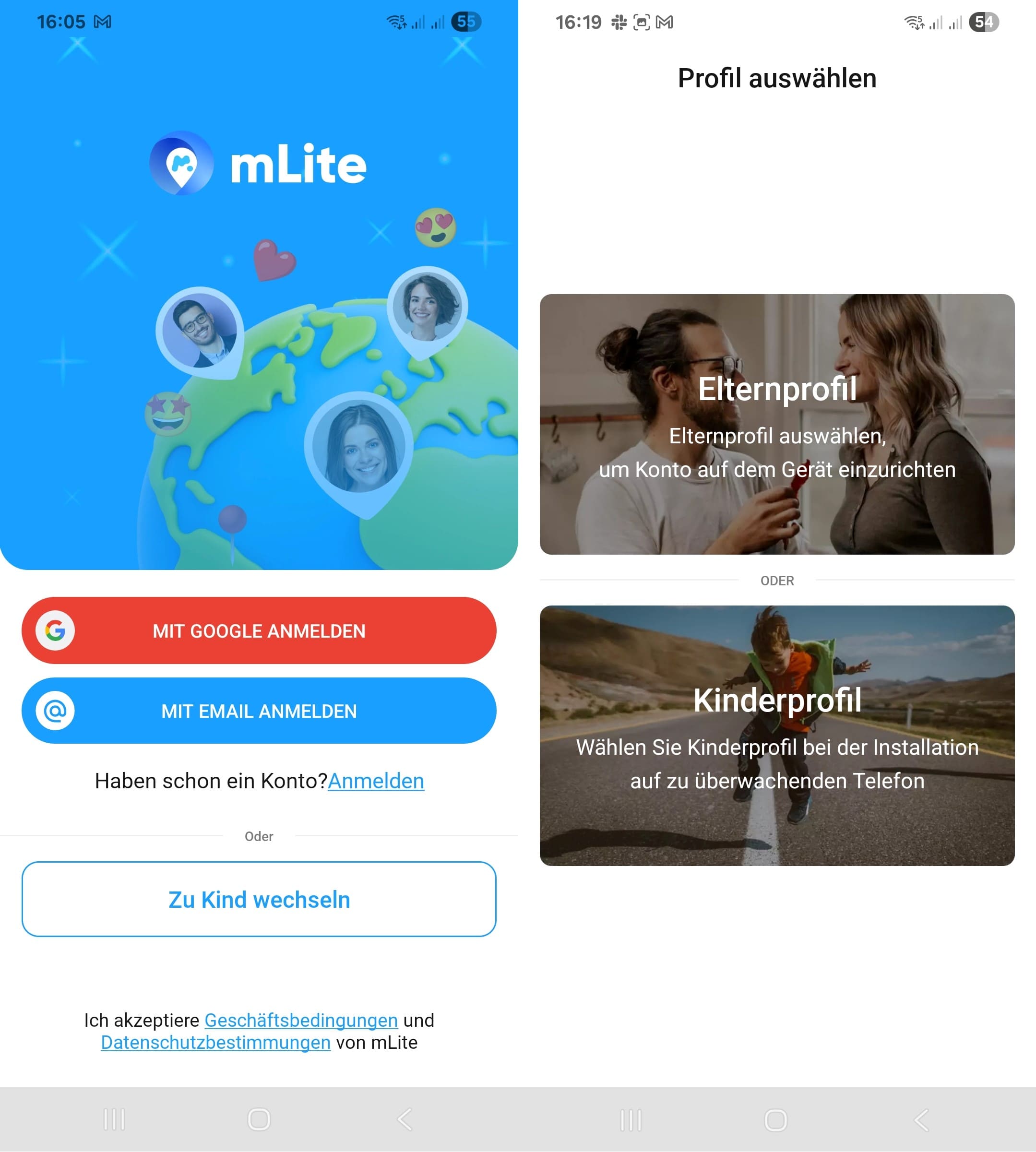 Anmelde- und Telefonverfolgungsoberfläche der mLite-App mit Optionen zur Anmeldung per Google oder E-Mail sowie Bildschirm zur Eingabe einer Telefonnummer.