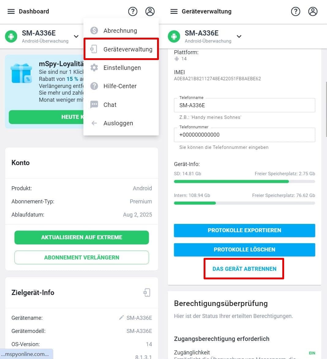 Der mSpy-Geräteverwaltungsbildschirm, in dem Sie die Verknüpfung des überwachten Geräts trennen können.