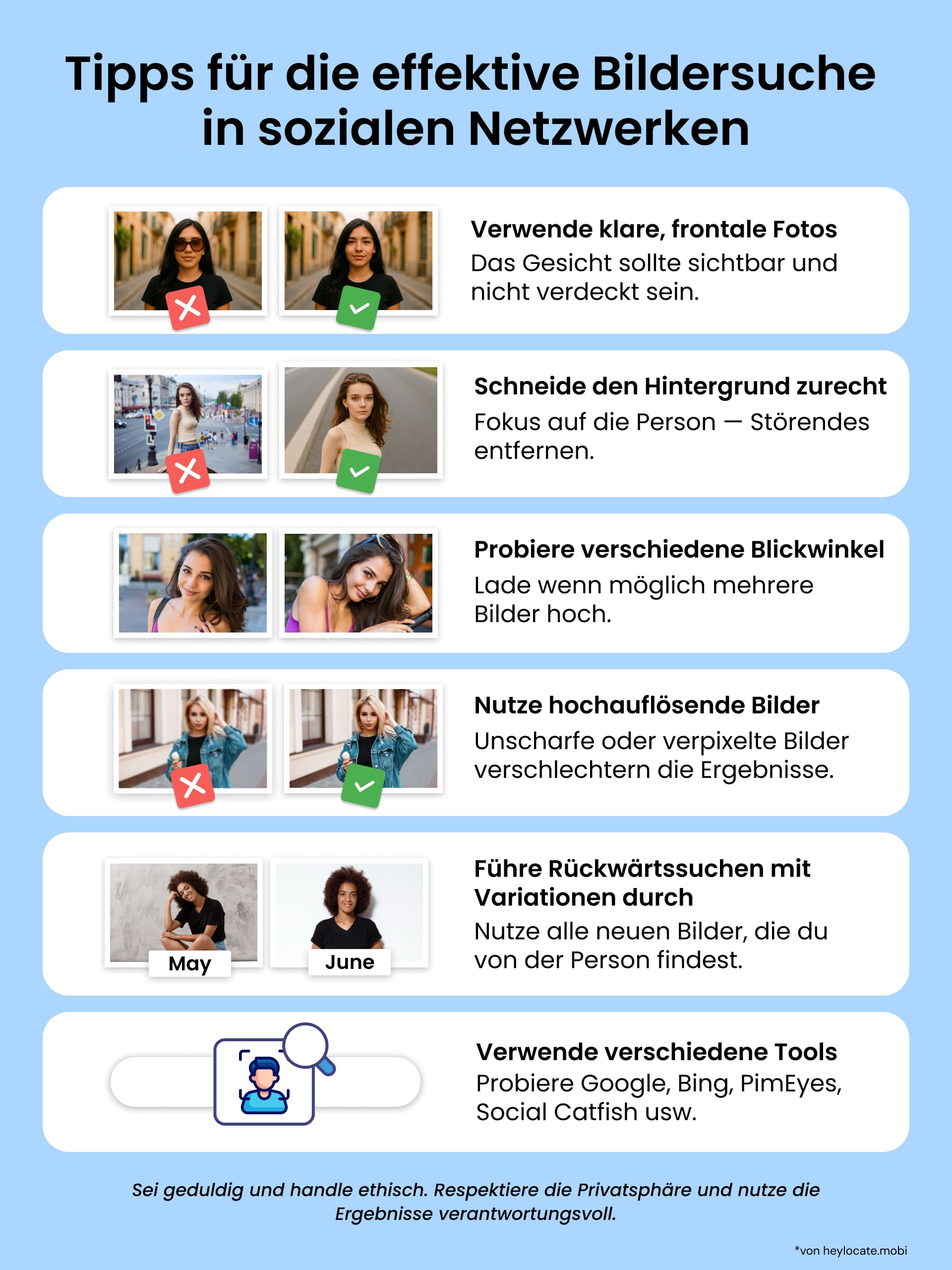 Infografik mit bewährten Praktiken für Bildersuchen in sozialen Medien: verwenden Sie frontal ausgerichtete, hochauflösende Fotos, vermeiden Sie Hintergrundunordnung, probieren Sie mehrere Winkel aus und nutzen Sie verschiedene Tools.