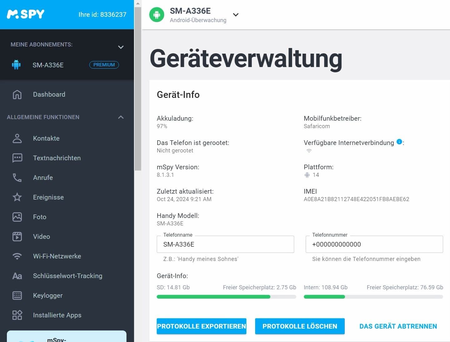 Ein mSpy-Geräteverwaltungsbildschirm mit Akkustand, Betriebssystemversion, Speichernutzung, Status des Protokollexports und der Geräte-Tethering-Optionen.