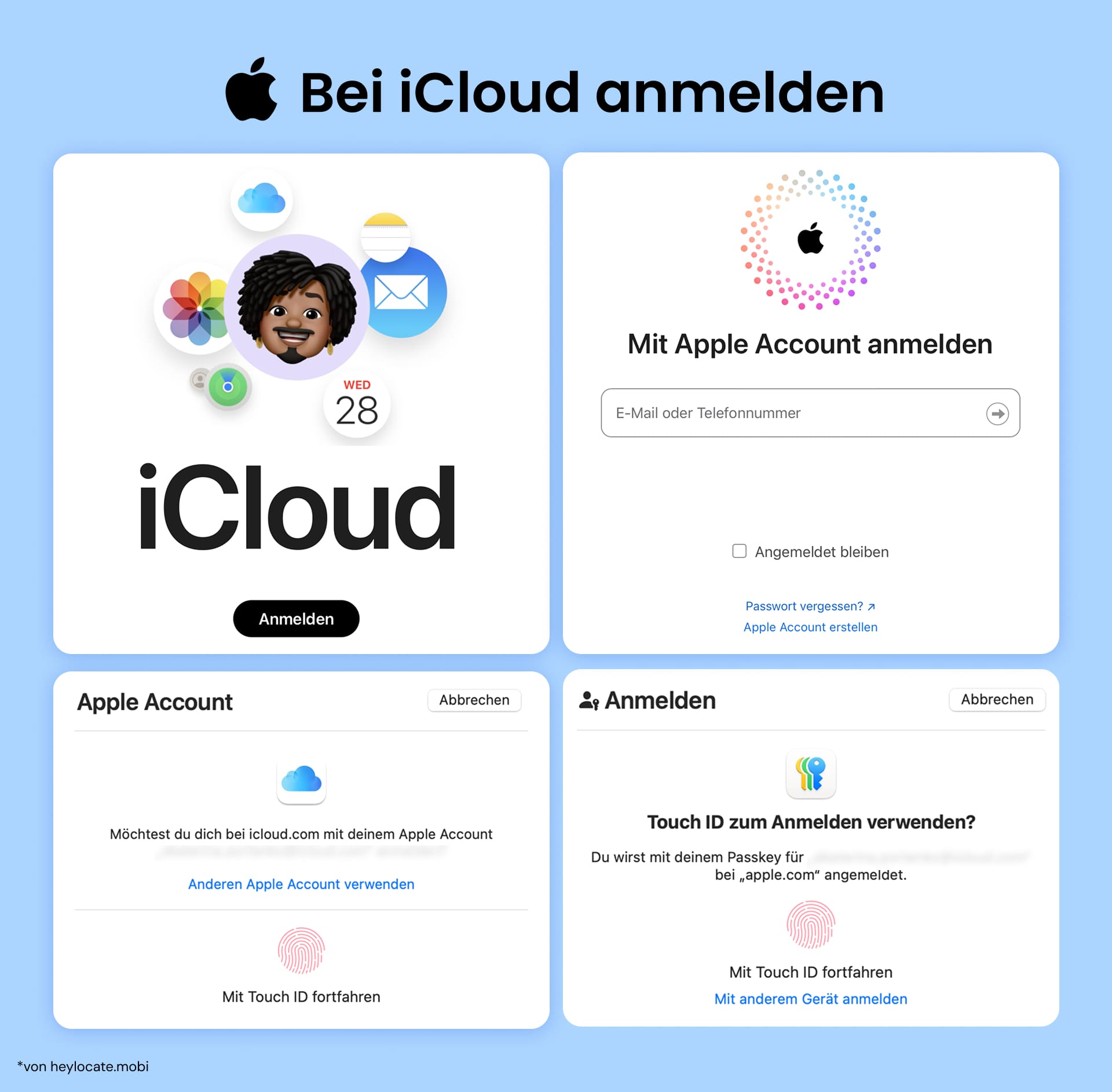 Möglichkeiten zur Anmeldung bei iCloud mit einem Apple-Konto: Eingabe der Zugangsdaten mittels biometrischer Authentifizierung wie Touch ID oder sichere Anmeldung mit einem passwortlosen Anmeldeschlüssel.