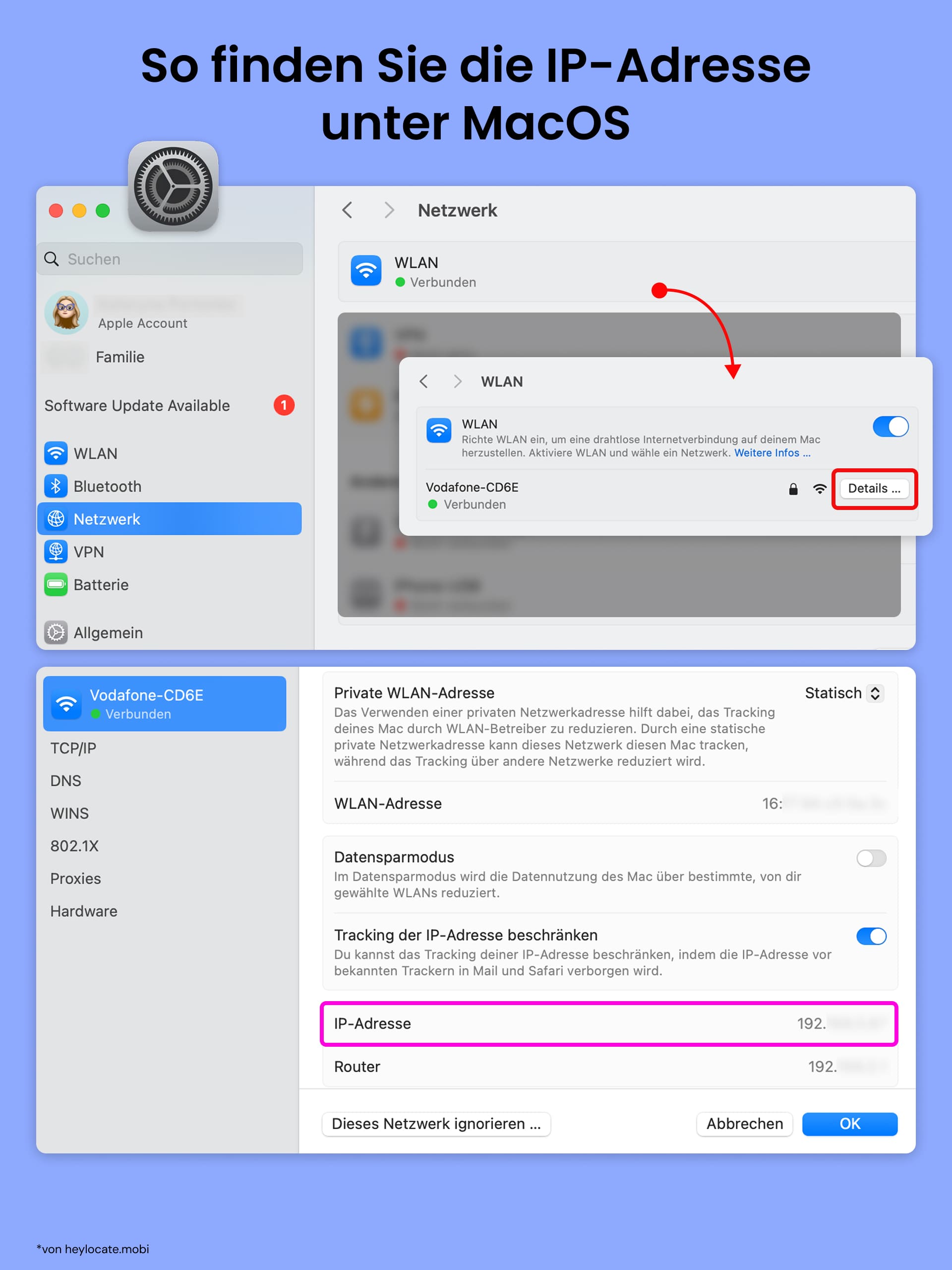 Öffnen Sie Systemeinstellungen auf Ihrem Mac - Netzwerk - WLAN. Drücken Sie Details und überprüfen Sie die IP-Adresse.