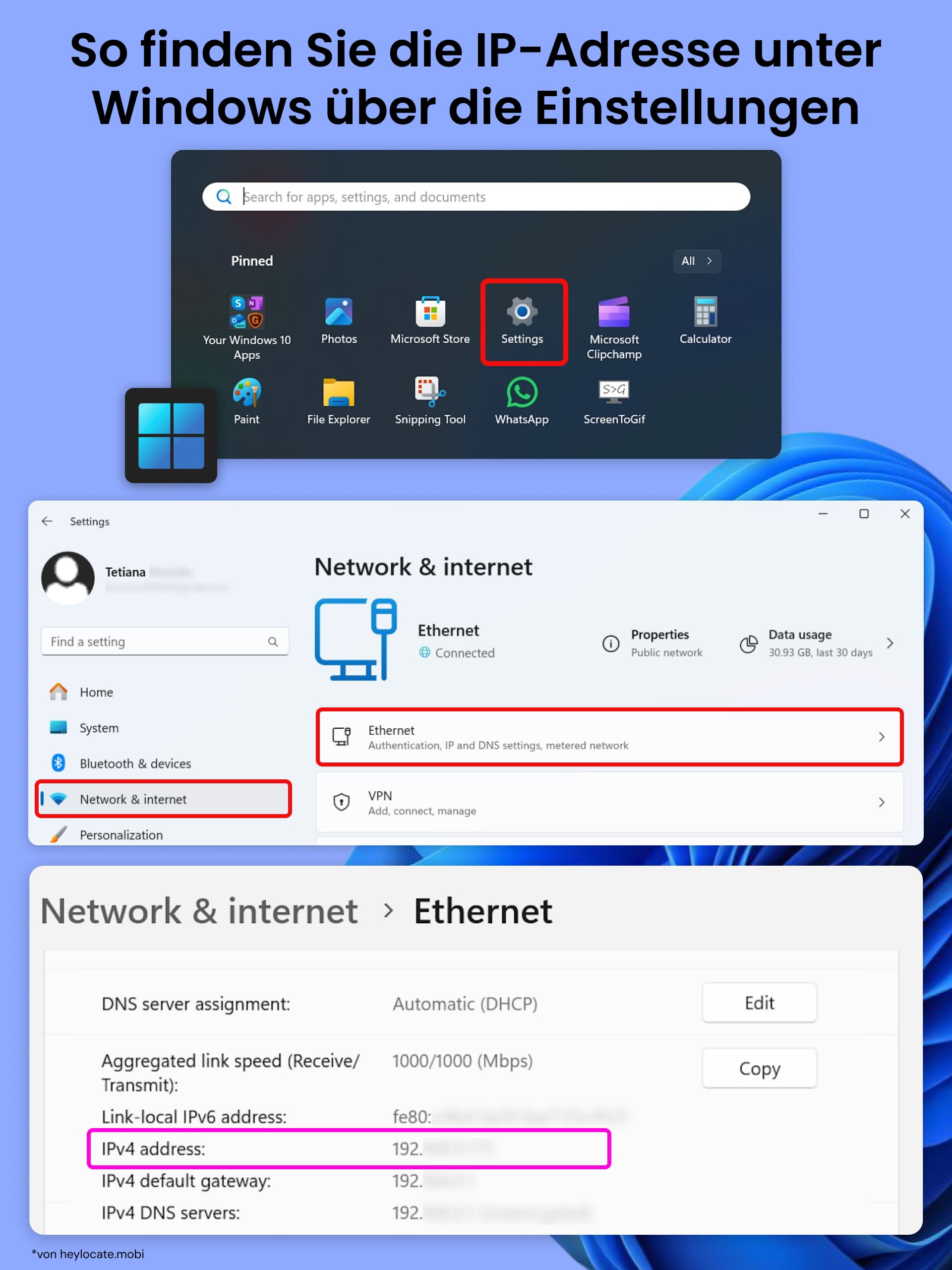 Öffnen Sie die Einstellungen unter Windows - Netzwerk & Internet, wählen Sie Ihre Verbindung und überprüfen Sie die IP-Adresse.