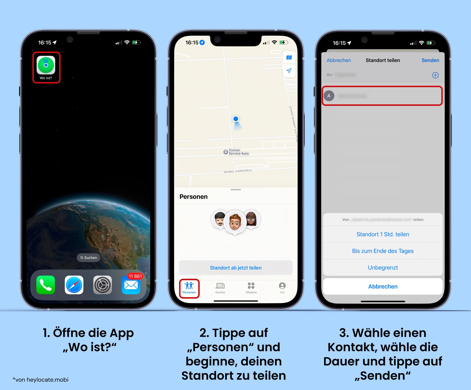 Öffnen Sie die App, gehen Sie zum Tab "Personen", tippen Sie auf "Standort teilen", wählen Sie einen Kontakt aus, bestimmen Sie die Dauer und tippen Sie auf Senden.