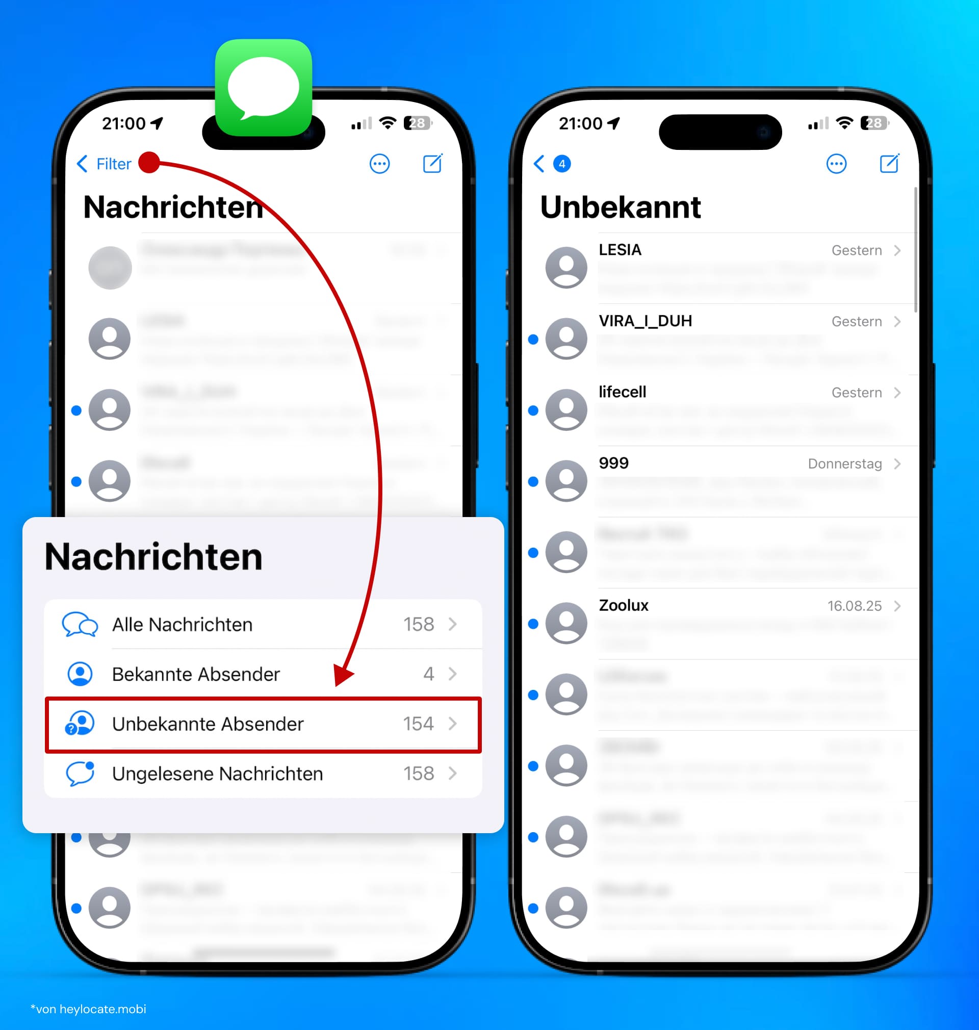 Screenshots der Nachrichten-App und ihrer versteckten Filter (Unbekannte Absender).
