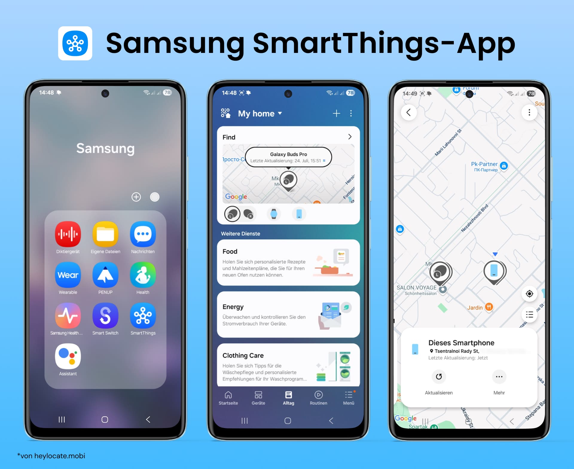 Gehen Sie zur SmartThings App, finden Sie Ihr Gerät und sehen Sie dessen genauen Standort auf einer Karte mit detaillierten Informationen.
