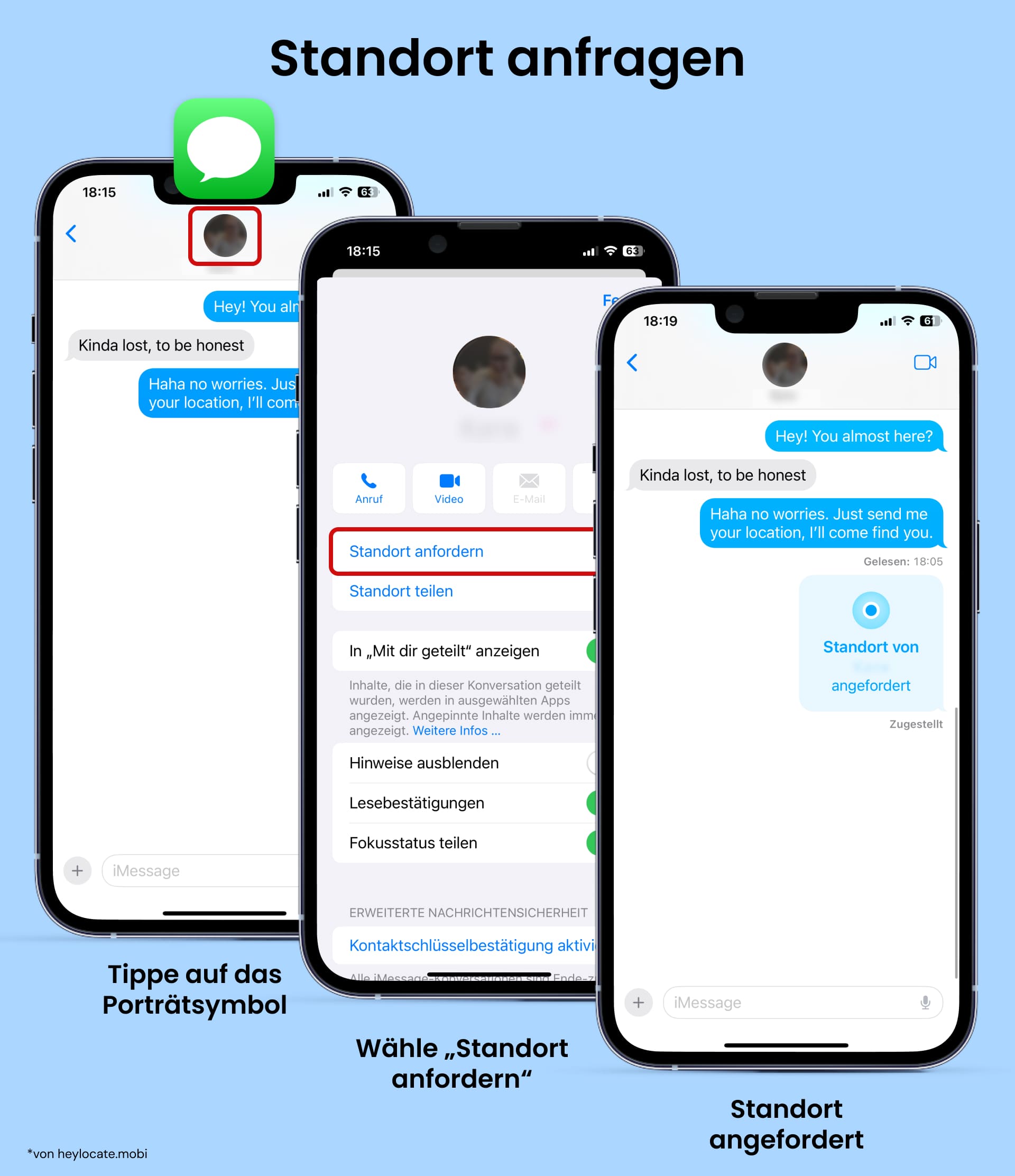 Tippen Sie auf das Profilbild des Kontakts, wählen Sie "Standort anfragen" und sehen Sie die Nachricht "Standort angefordert" im Chat.
