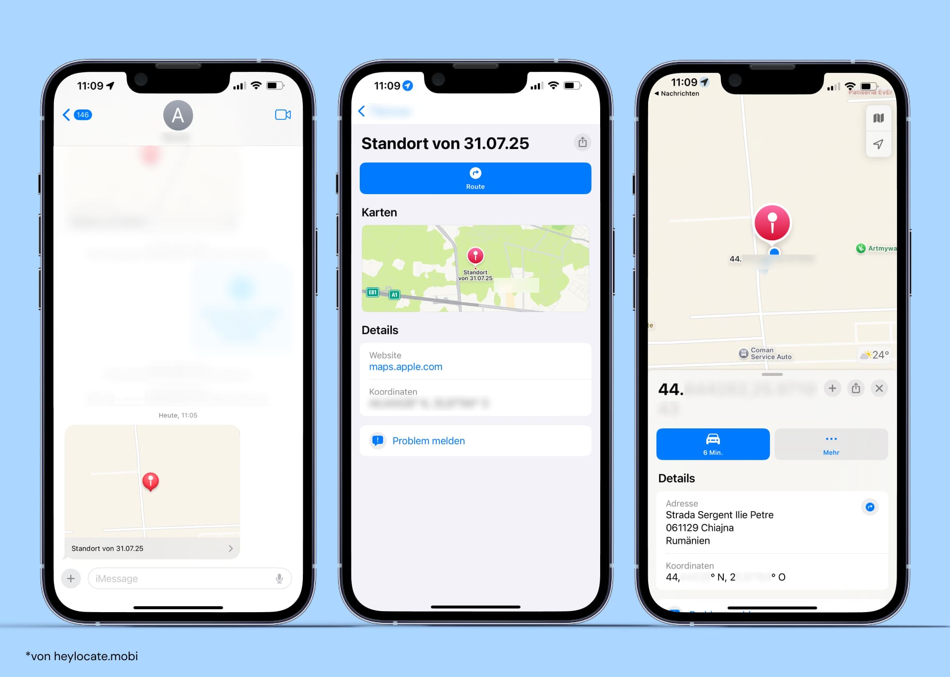 Standortanzeige in iMessage mit Kartenvorschau einschließlich Datum, Standortkoordinaten und zugehöriger Website.