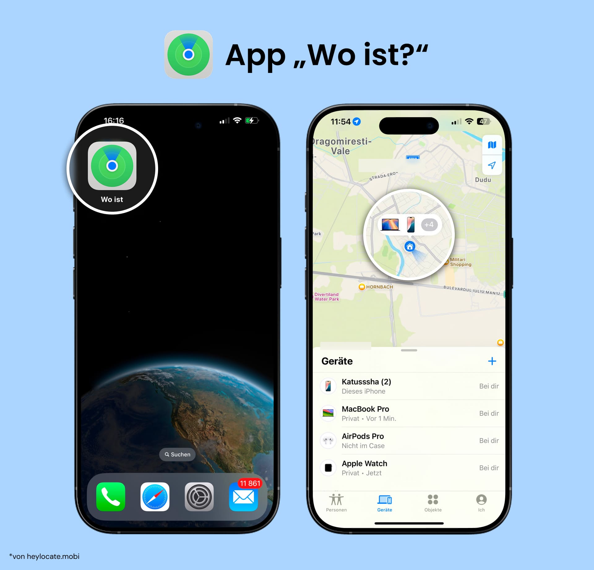 Öffnen Sie Wo ist app, betrachten Sie die Karte und die mit dem System verbundenen Geräte.