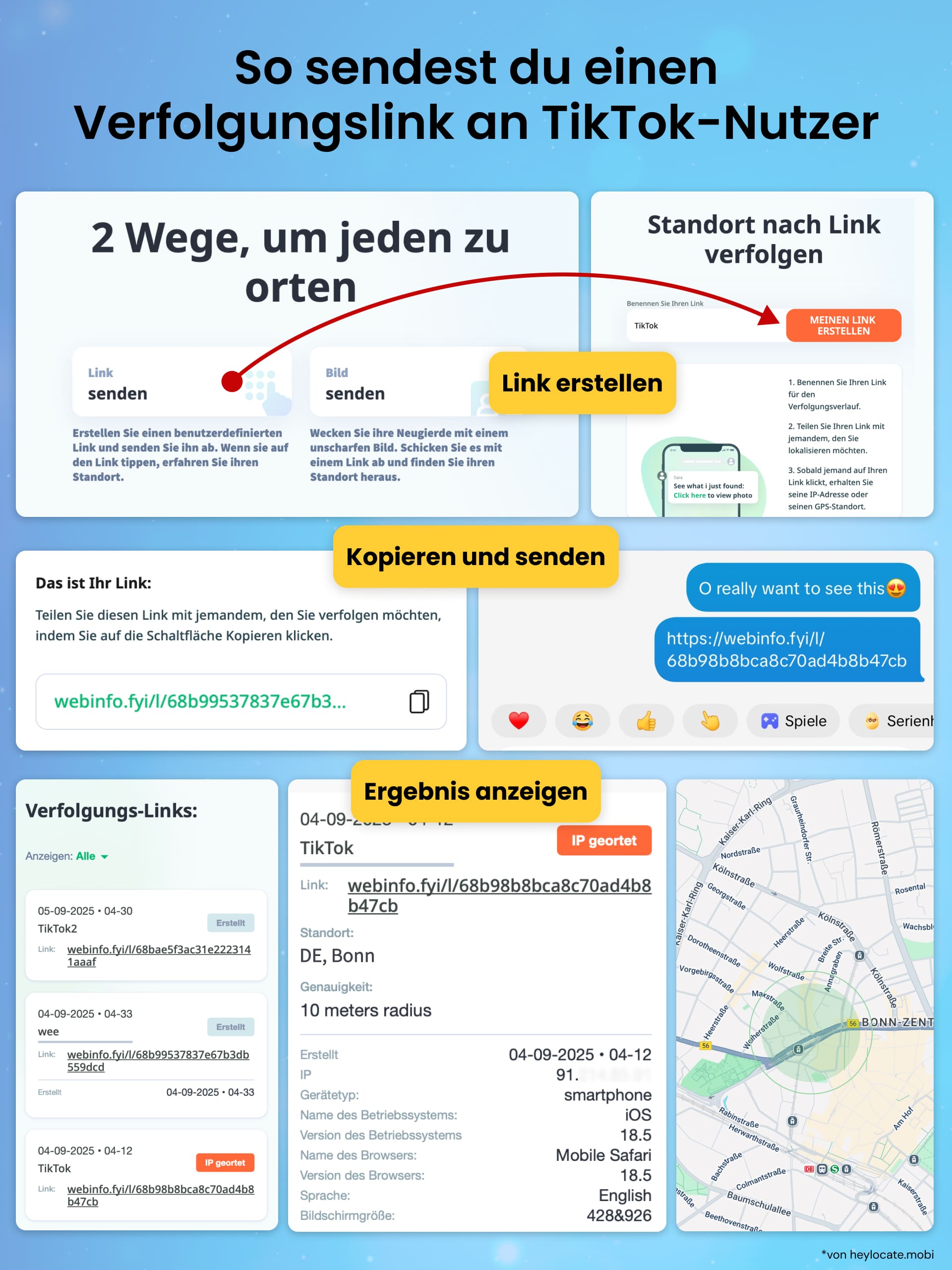 Schritt-für-Schritt-Anleitung, die zeigt, wie man einen Standort-Link für TikTok-Nutzer erstellt, kopiert, sendet und ortet.