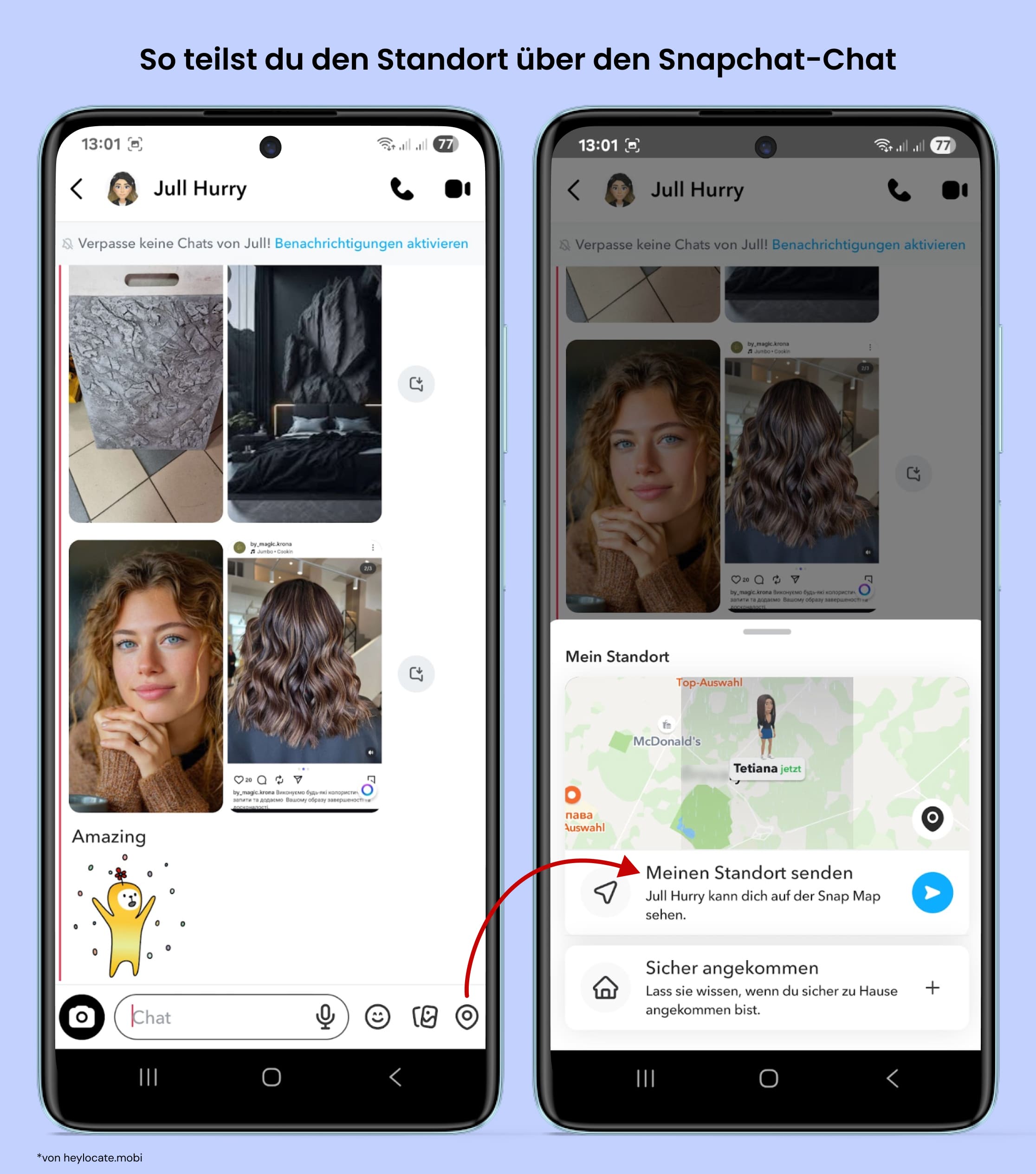 Snapchat-Chat öffnen, Standort-Symbol auswählen und senden.