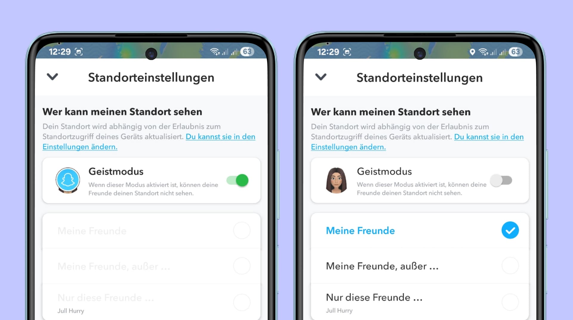 Snapchat aufrufen, auf das Standort-Symbol unten klicken, Einstellungen öffnen und den Geistermodus deaktivieren.