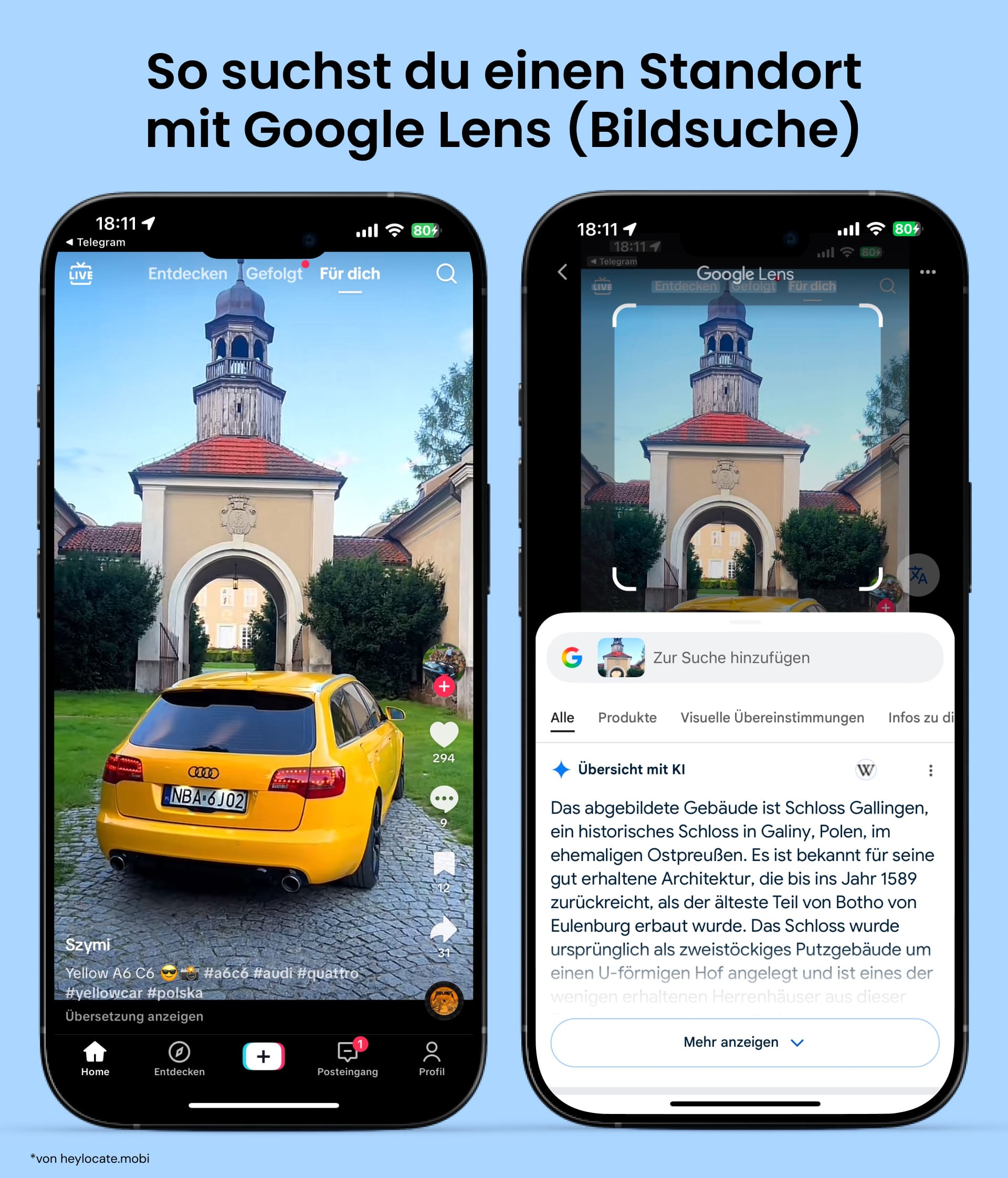 Wählen Sie das gewünschte Bild aus dem Video (zum Beispiel Statue oder Gebäude), wählen Sie es mit Google Lens aus und sehen Sie die Ergebnisse.