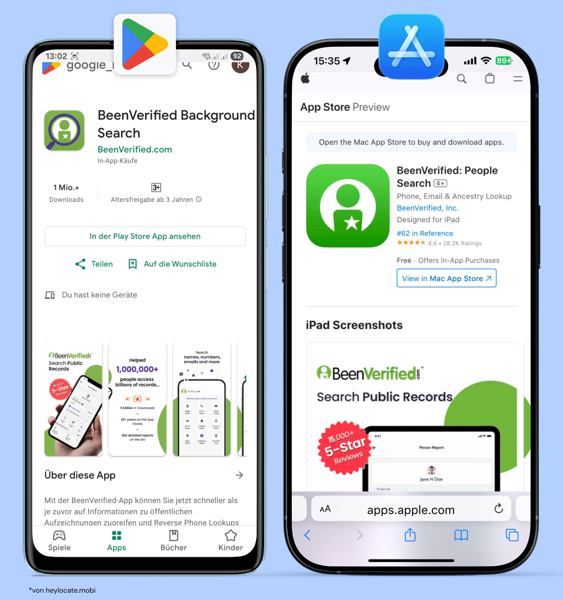 Vorschau der mobilen BeenVerified-App im App Store und bei Google Play.