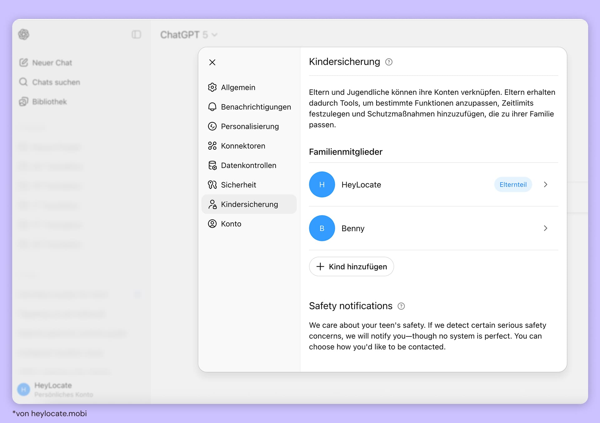 Menü für Kindersicherung in ChatGPT mit verknüpften Eltern- und Kinderkonten sowie Optionen für Sicherheit und Benachrichtigungen.