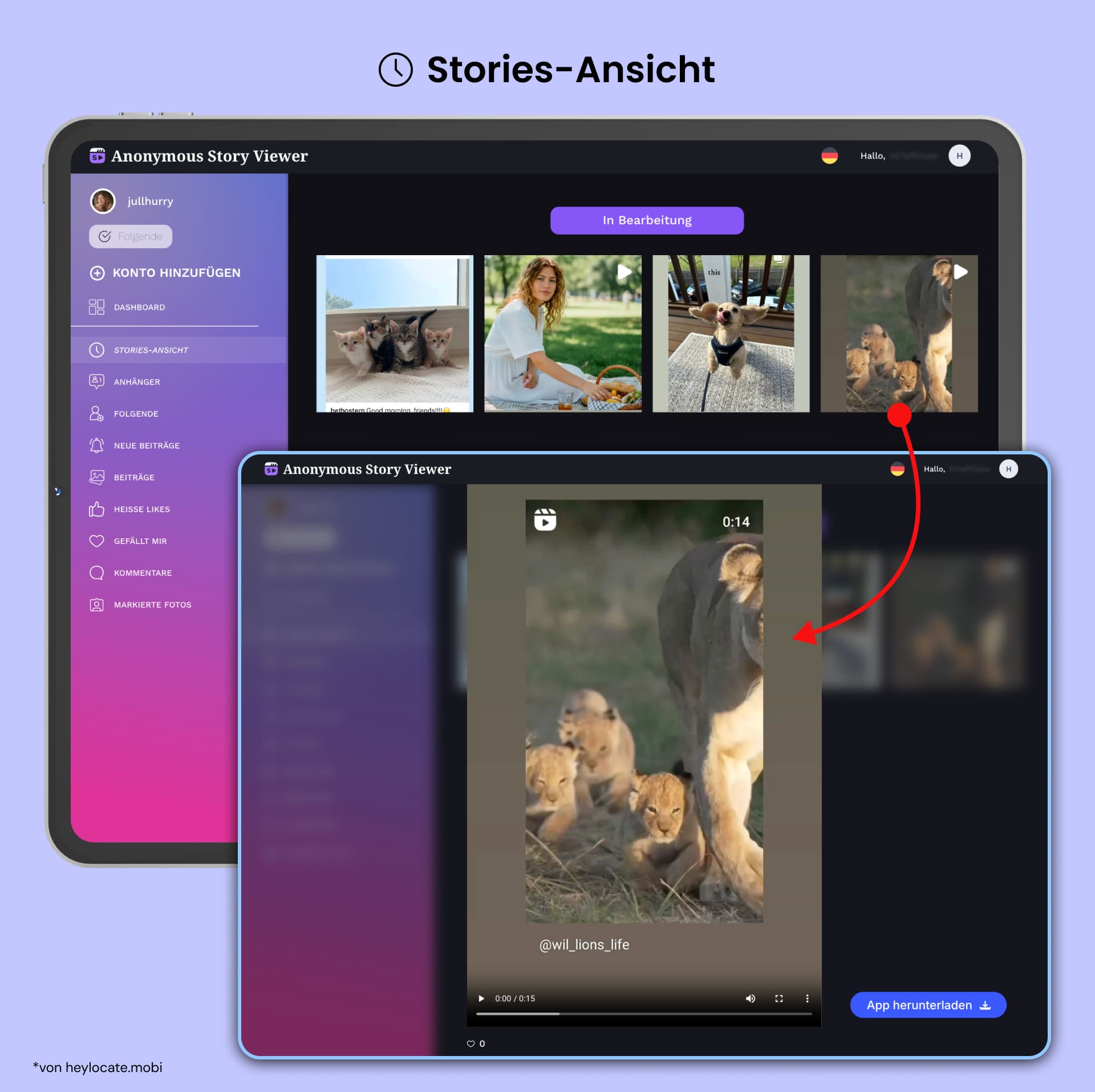Funktion zur Anzeige von Stories mit Miniaturbildern und der ausgewählten Story im Vollbildmodus.