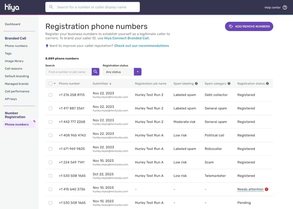 Screenshot von Hiyas Registrierungs-Dashboard für Telefonnummern mit einer Liste eingereichter Nummern inklusive Spam-Kennzeichnung, Risikokategorien und Registrierungsstatus.