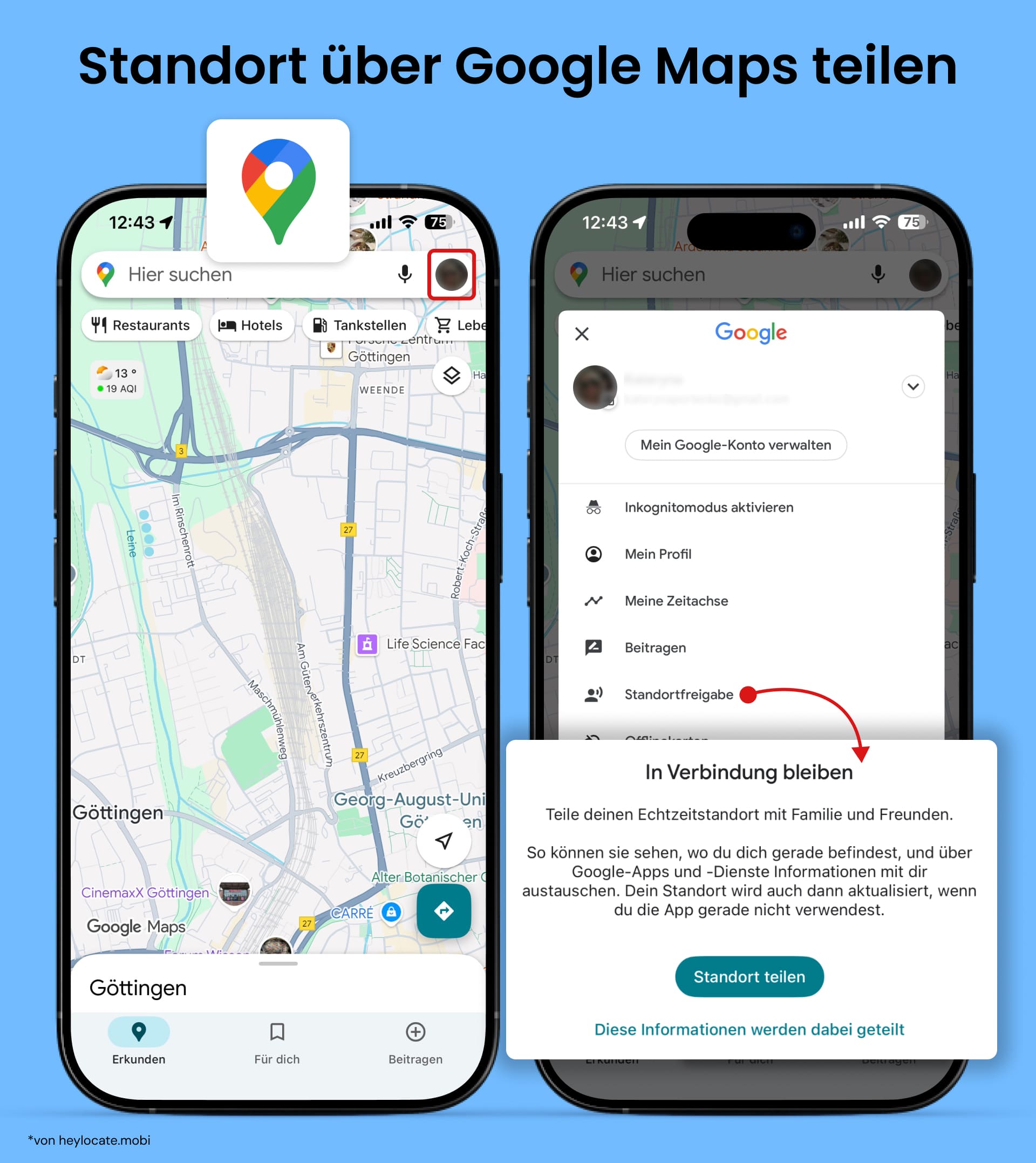 Öffnen Sie Google Maps, tippen Sie auf das Profilsymbol und wählen Sie Standortfreigabe.