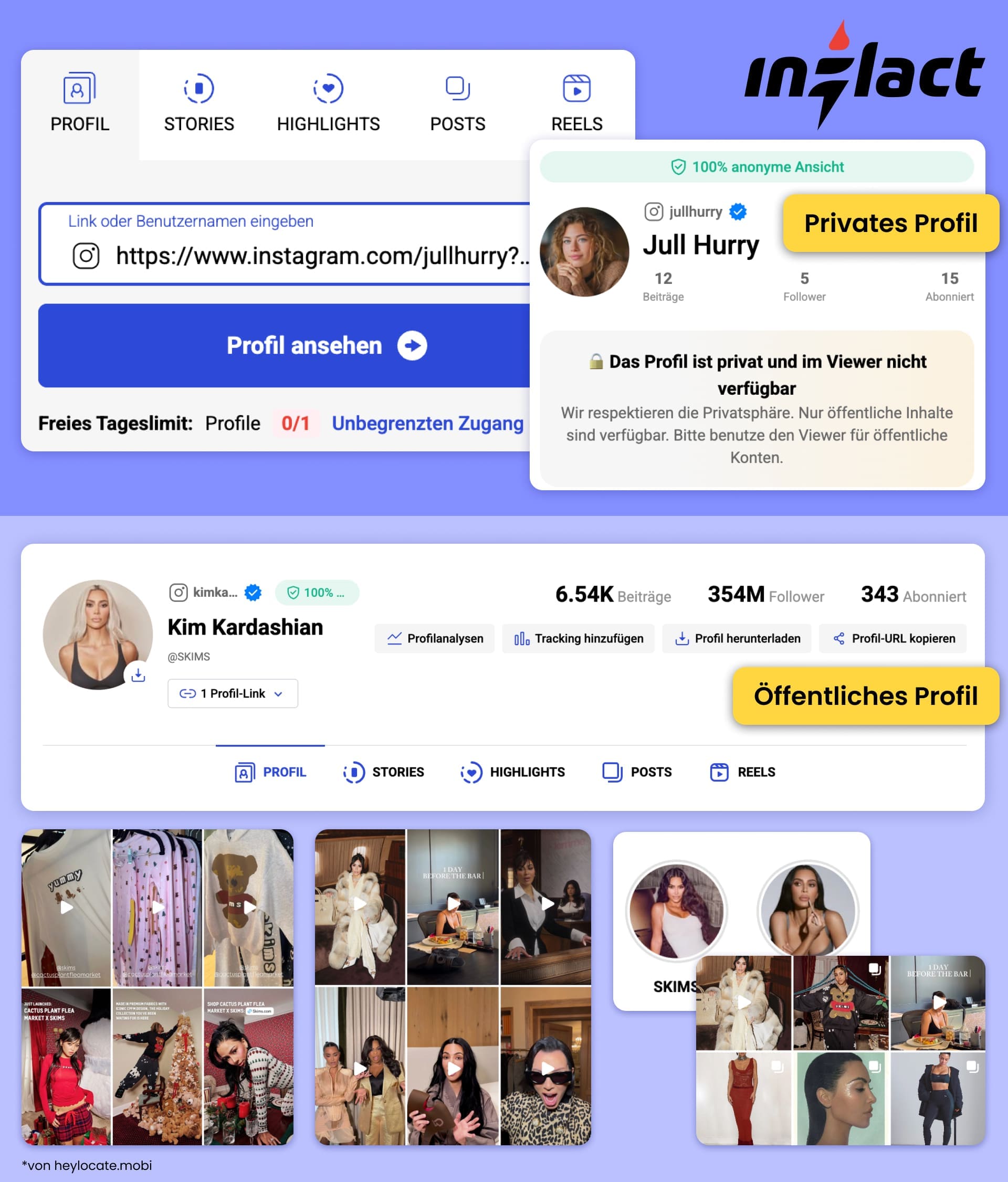 Inflact-Dienst: Instagram-Account-Link eingeben, Beispiele für private und öffentliche Profile.