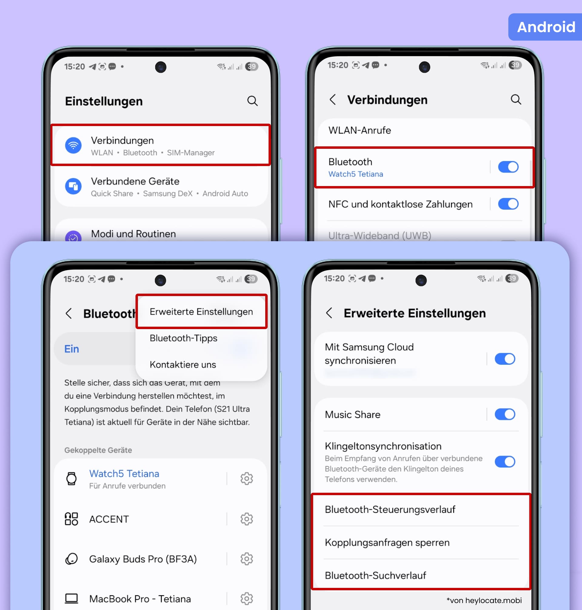 „Einstellungen – Verbindungen – Bluetooth“ öffnen, auf die drei Punkte tippen, „Erweiterte Einstellungen“ wählen und den Bluetooth-Steuerungsverlauf ansehen.