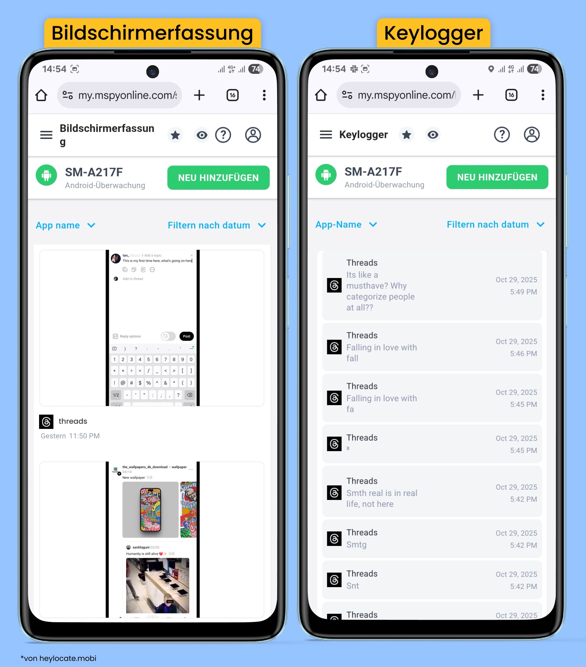 Screen Capturer zeigt Bildschirmfotos dessen, was auf dem Gerätedisplay in der Threads-App erscheint. Der Keylogger zeichnet jeden in Threads eingegebenen Text auf.