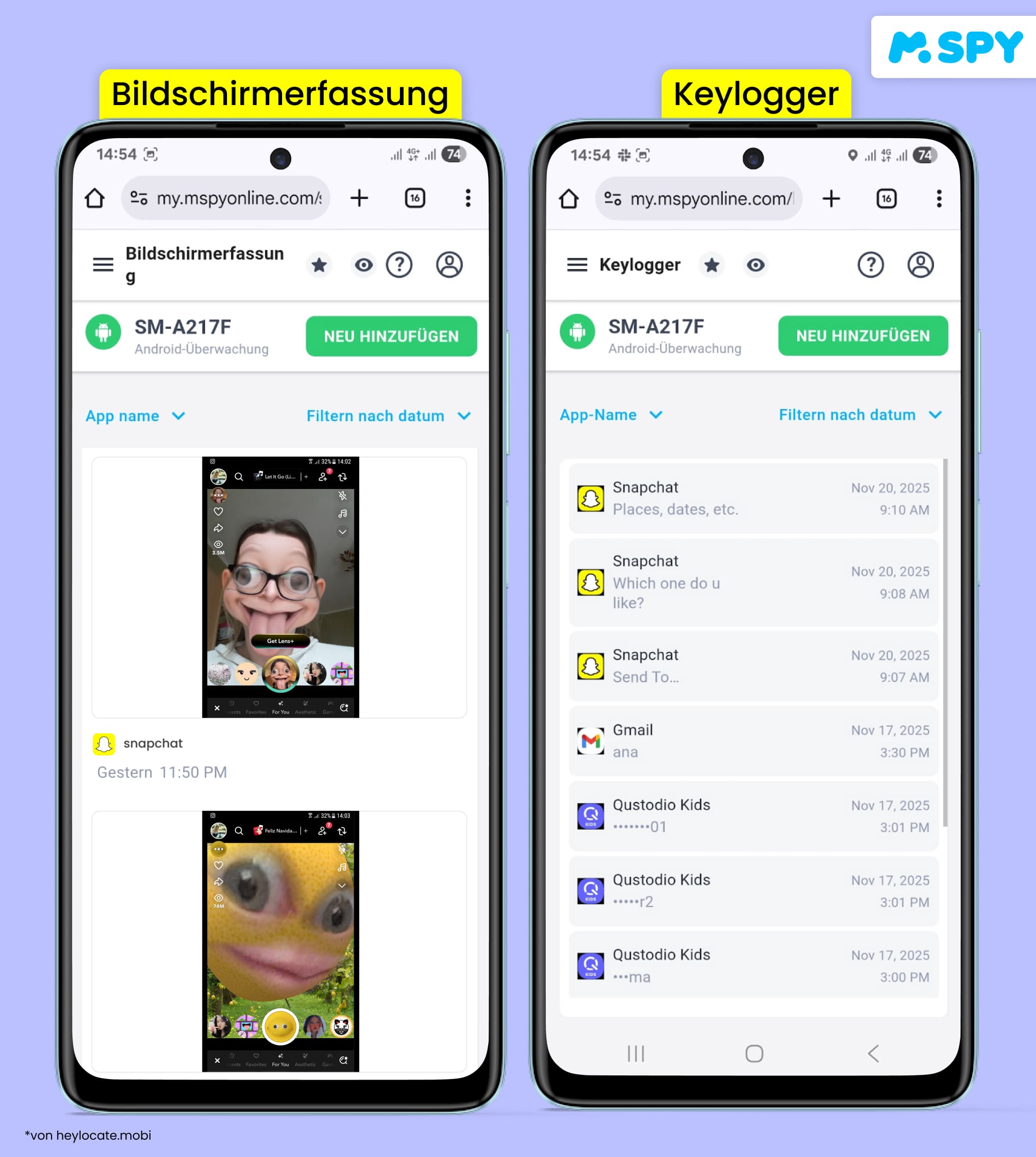 Registerkarten Screen Capturer und Keylogger im mSpy-Panel mit Nachrichten und Screenshots.