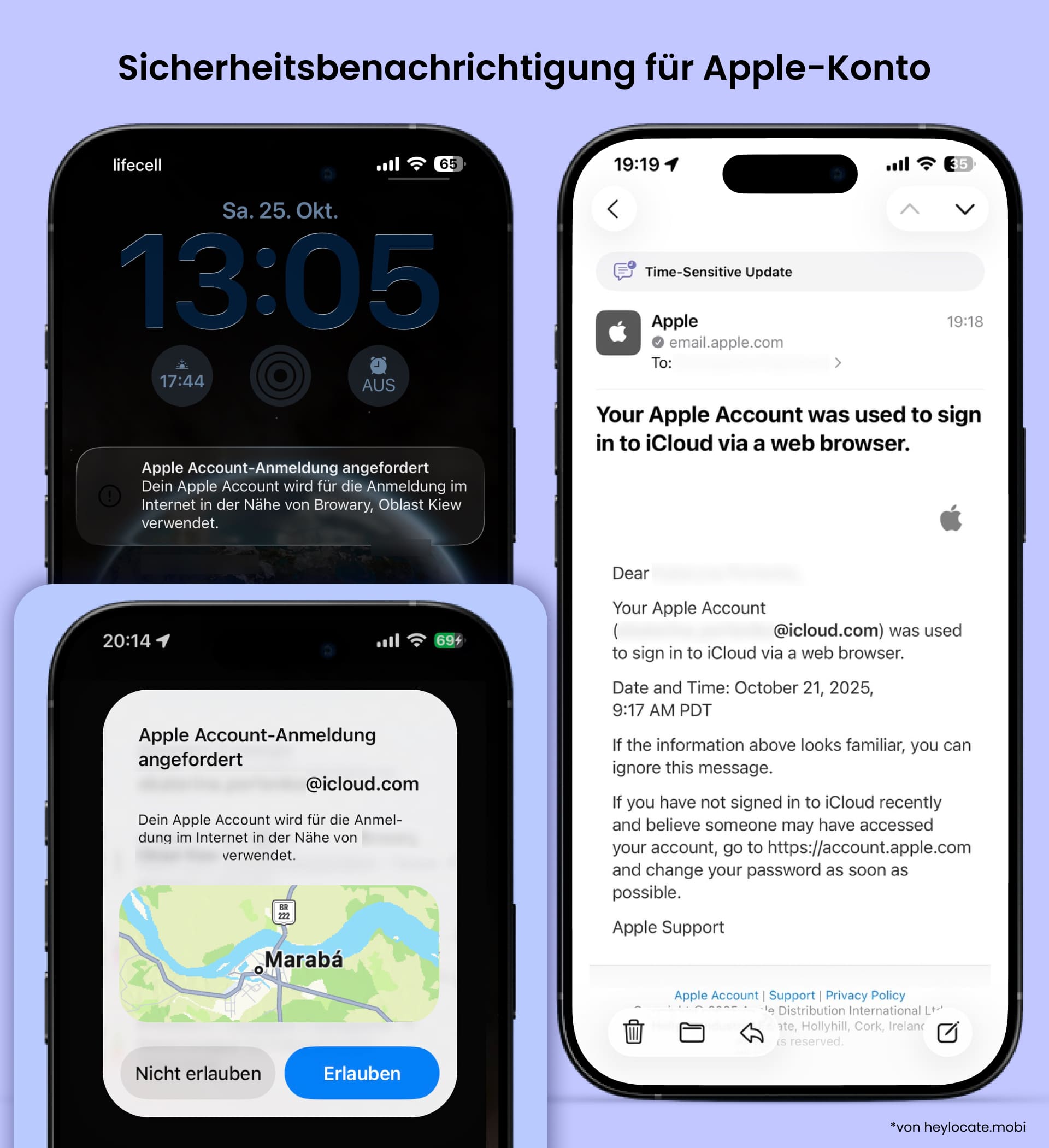 Apple-Benachrichtigung über den Versuch, sich in iCloud einzuloggen, sowie E-Mail-Benachrichtigung.
