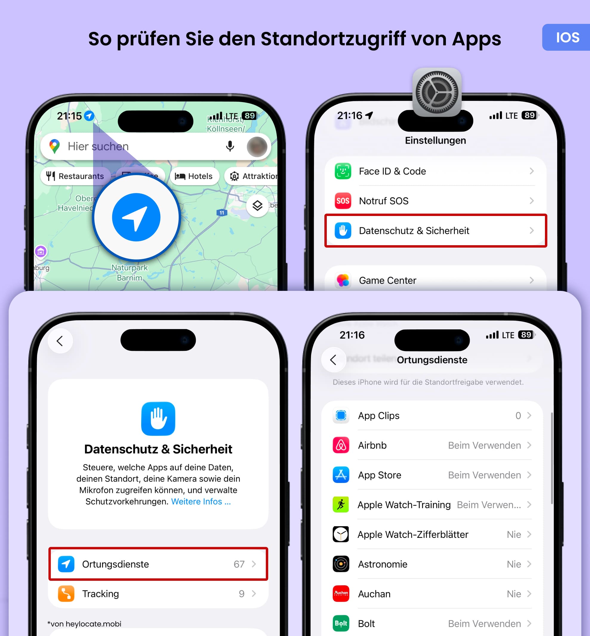 Anzeige des Standortsymbols und Einstellung der Ortungsdienste für Apps (Einstellungen – Datenschutz & Sicherheit).