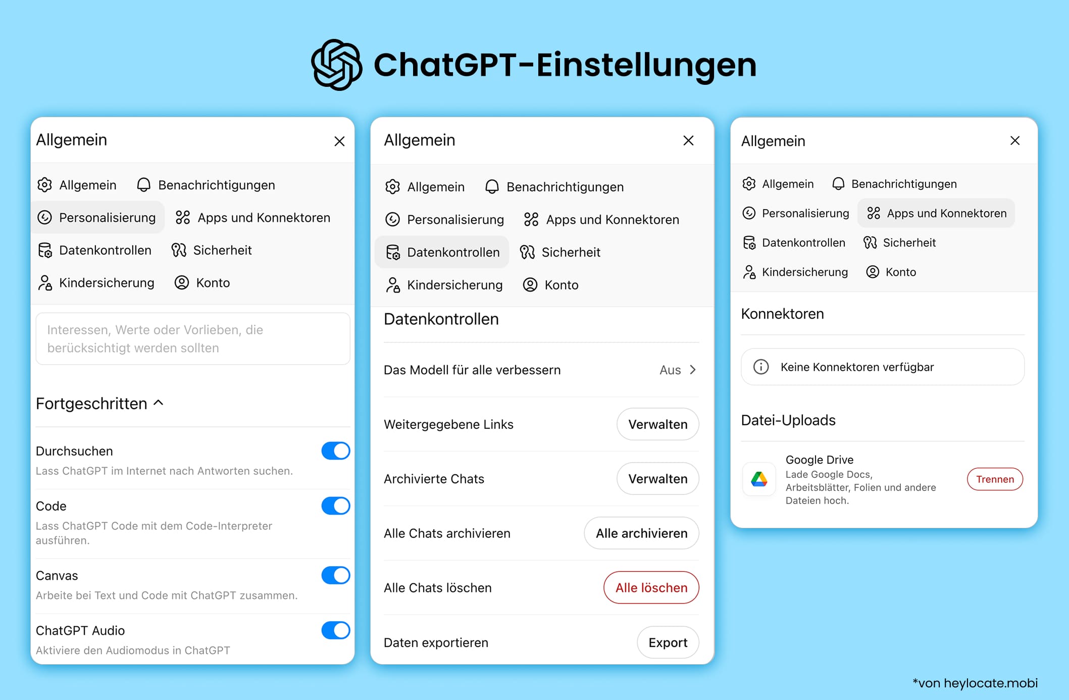 ChatGPT-Einstellungen mit Personalisierung, Datenkontrollen und Apps & Connectors.