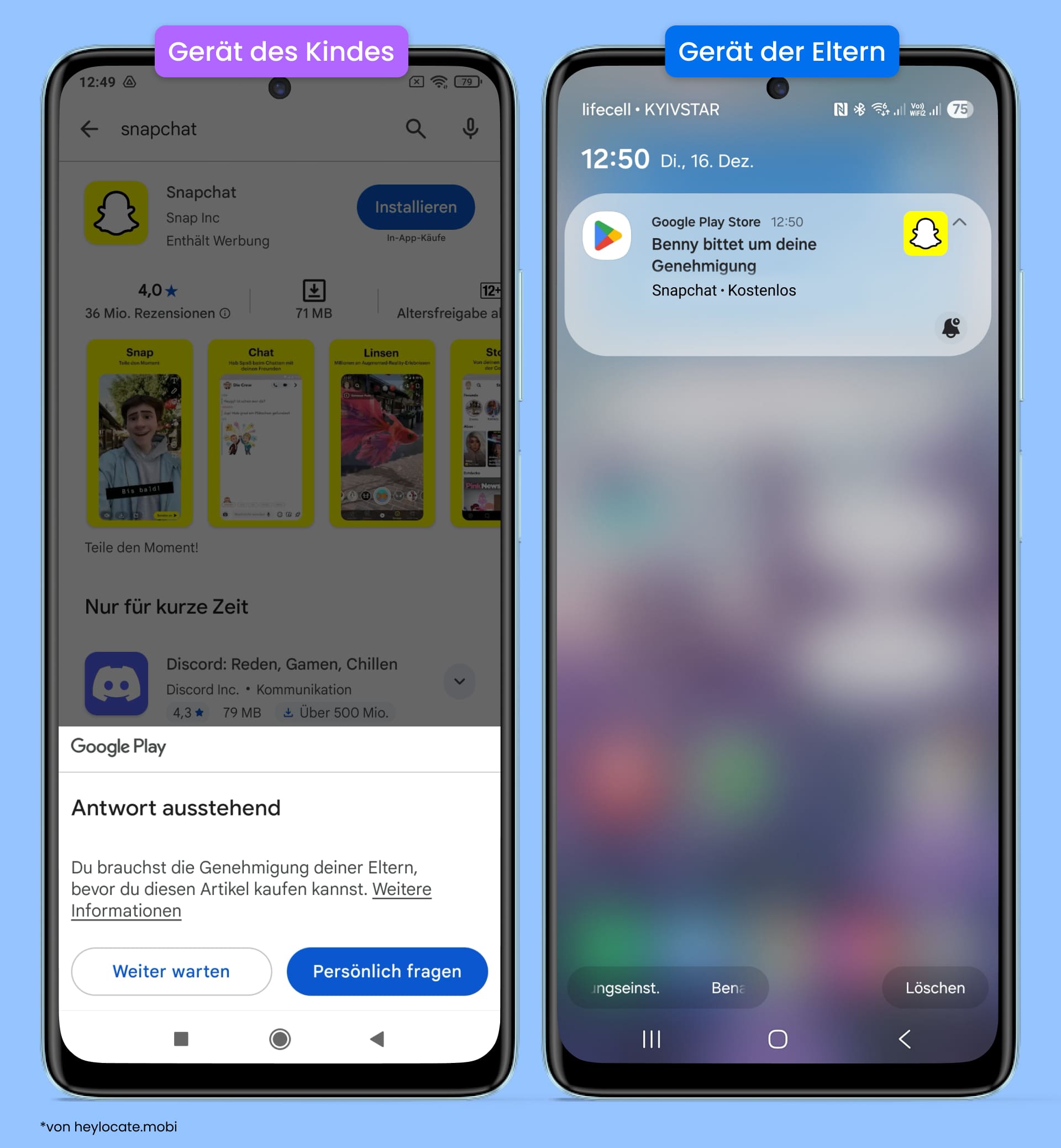 Benachrichtigung an Eltern über die Anfrage des Kindes, Snapchat über Google Play zu installieren.