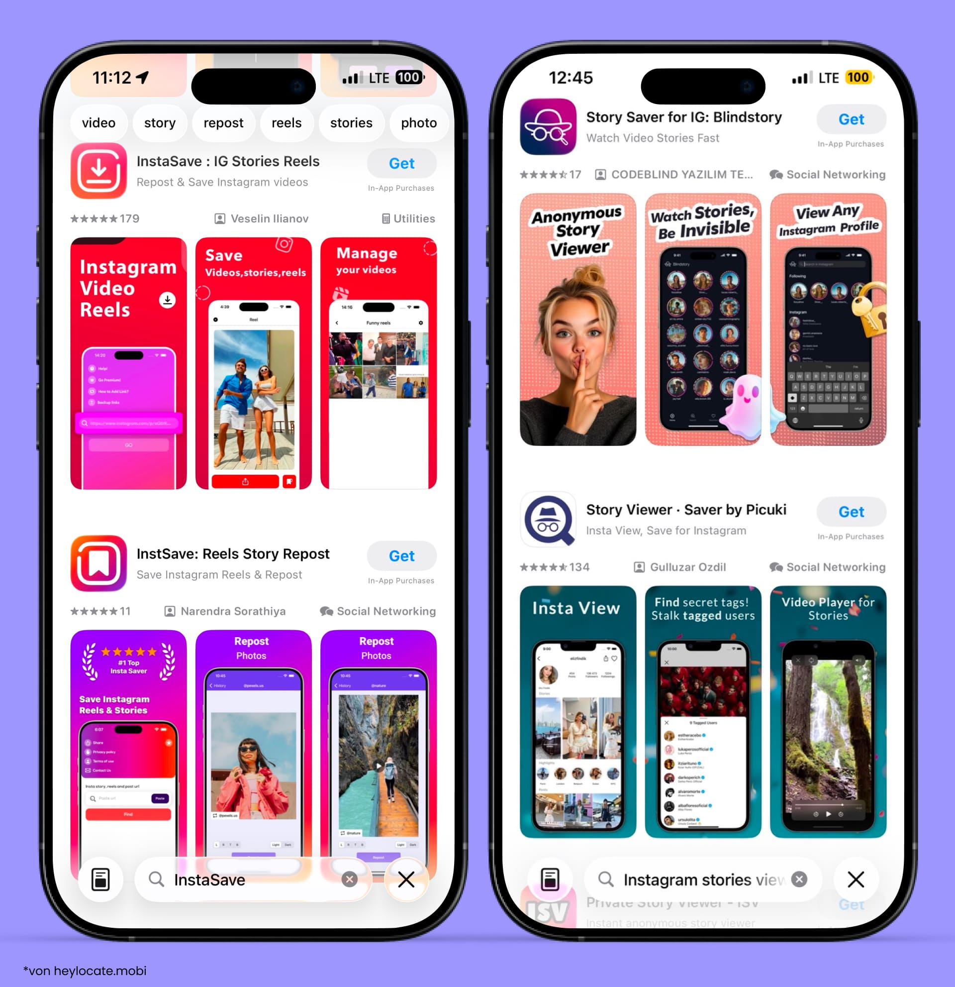 Apps aus dem Apple Store zum „Ansehen von Instagram Stories“ – InstaSave, Blindstory, Story Viewer usw.