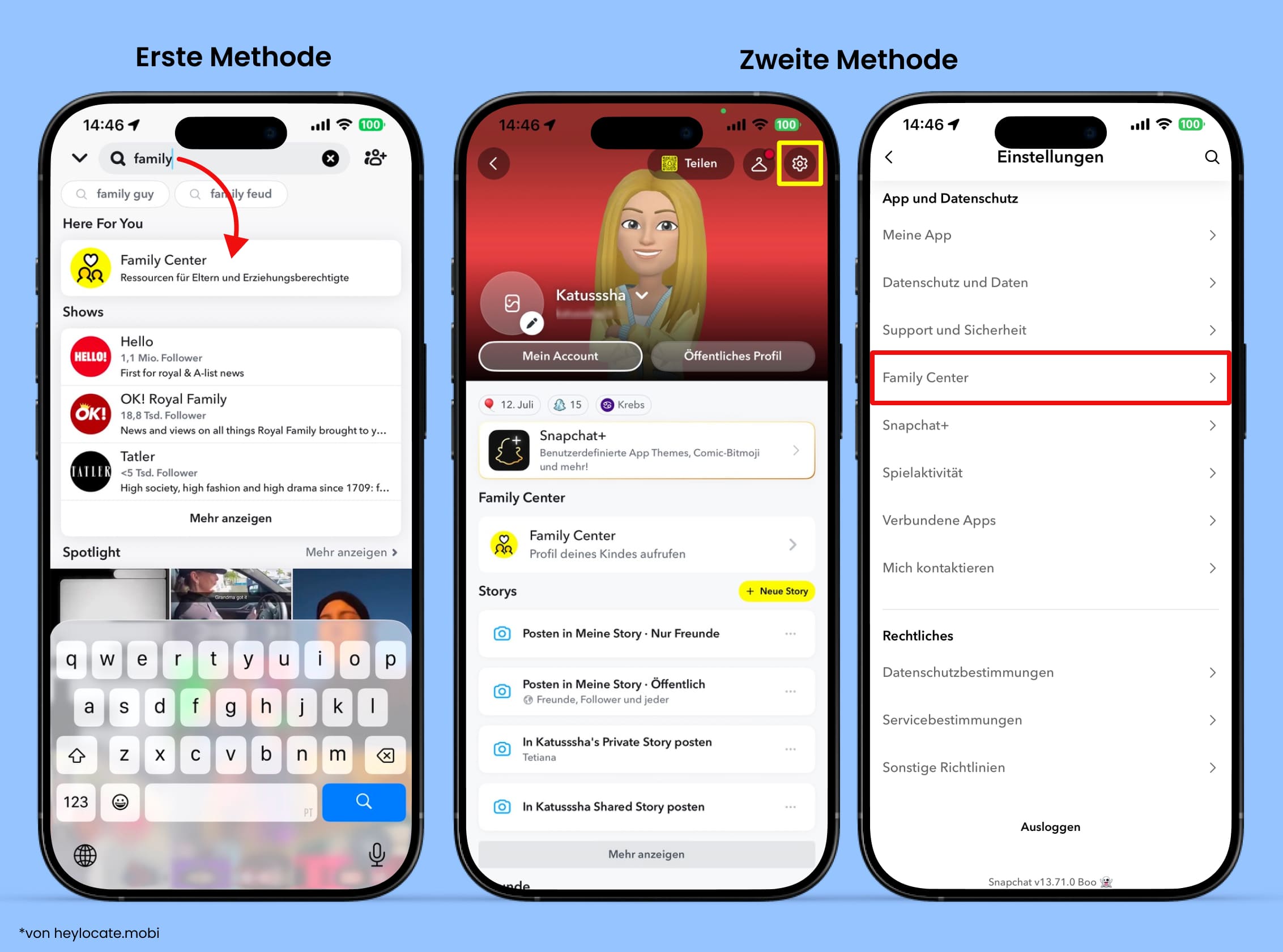 Es gibt zwei Möglichkeiten, auf das Familienzentrum in Snapchat zuzugreifen: über die Suche und über die App-Einstellungen.