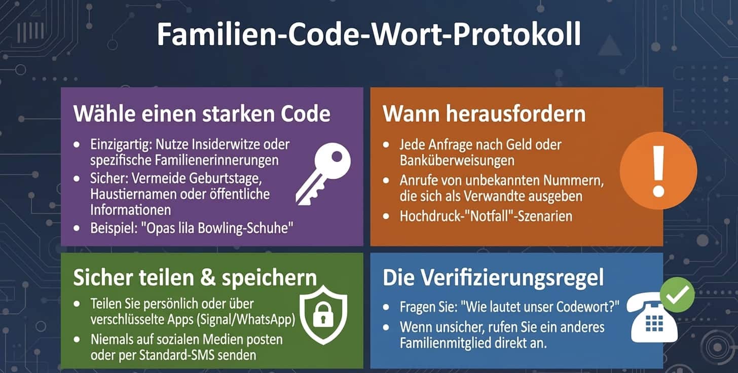 Regeln für die Erstellung eines Familien-Codeworts: Es sollte einzigartig sein, besprechen Sie, wann es verwendet werden soll, und bewahren Sie es sicher auf.